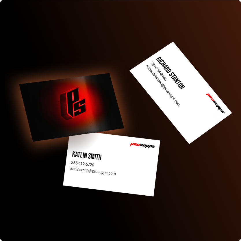 Professional business card design featuring ProSupps’ logo and high-contrast black and red color scheme.