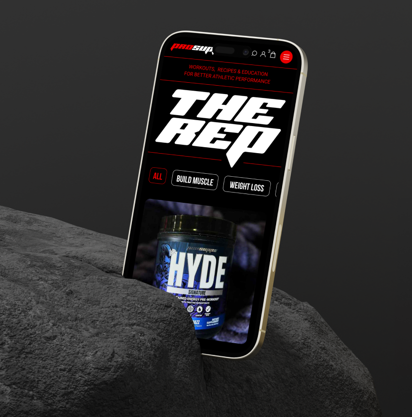 Smartphone mockup of the ProSupps app featuring supplement categories and hero product.