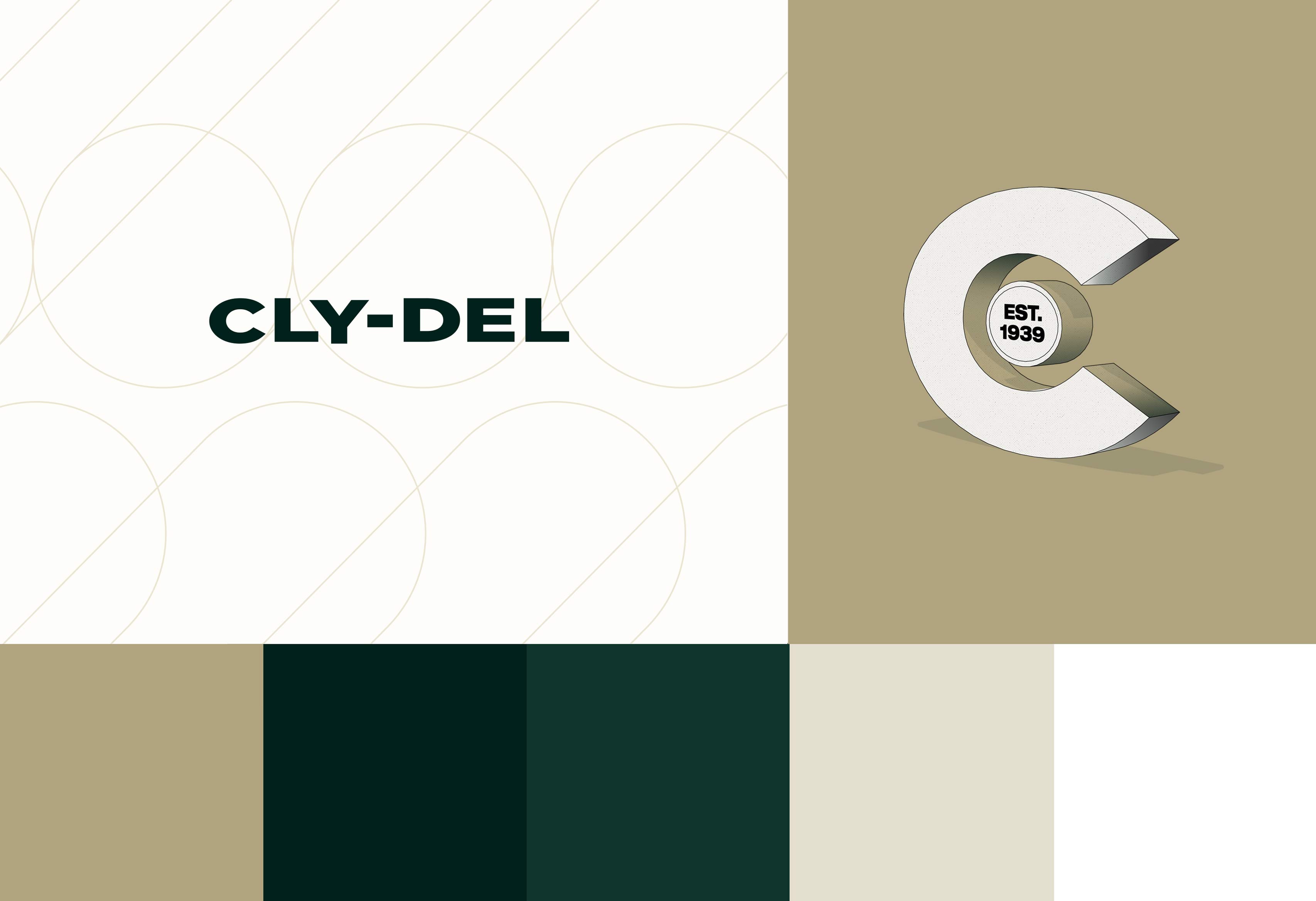 Cly-Del brand mark and color system displayed in a modular layout.