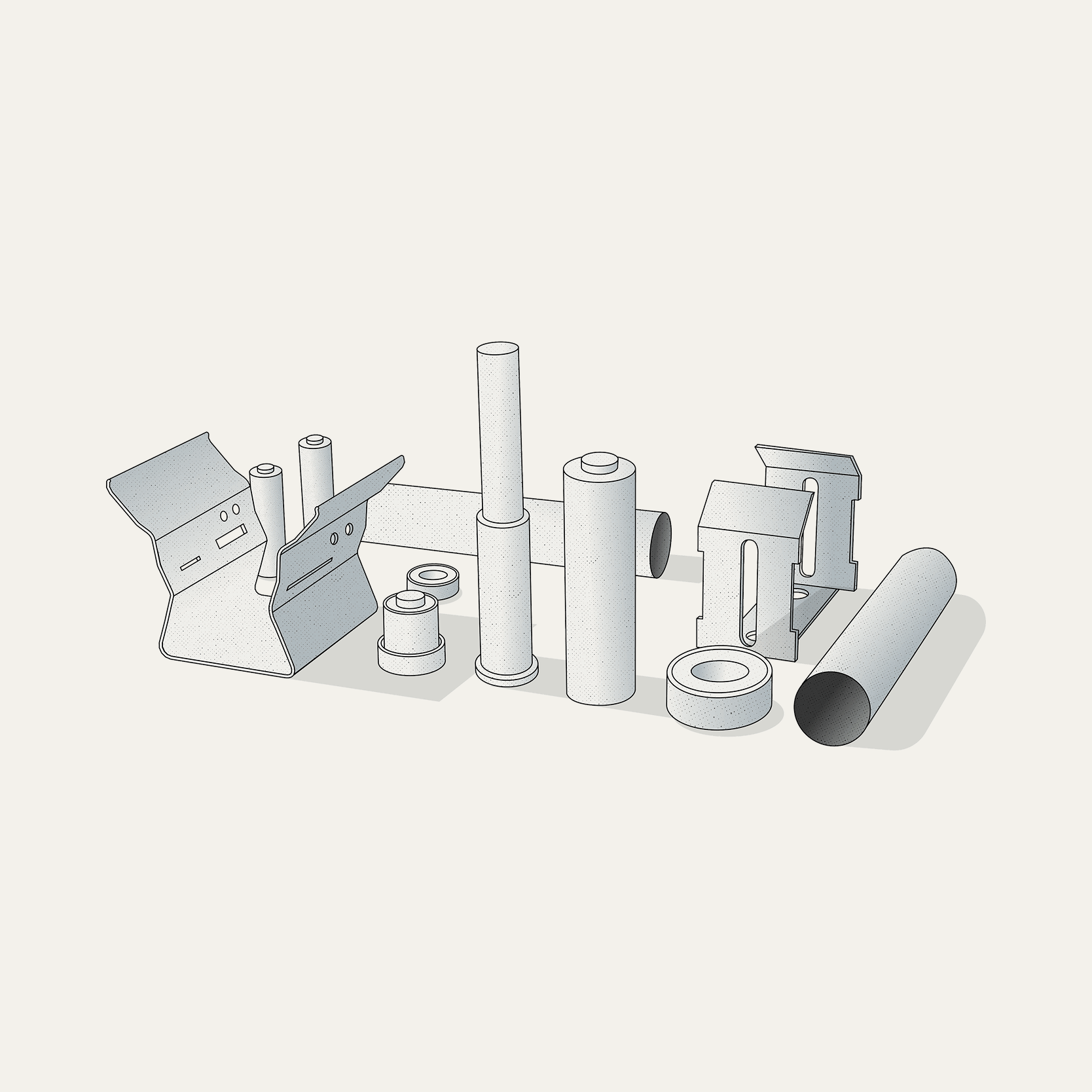 Collection of precision metal manufacturing parts arranged on white background.