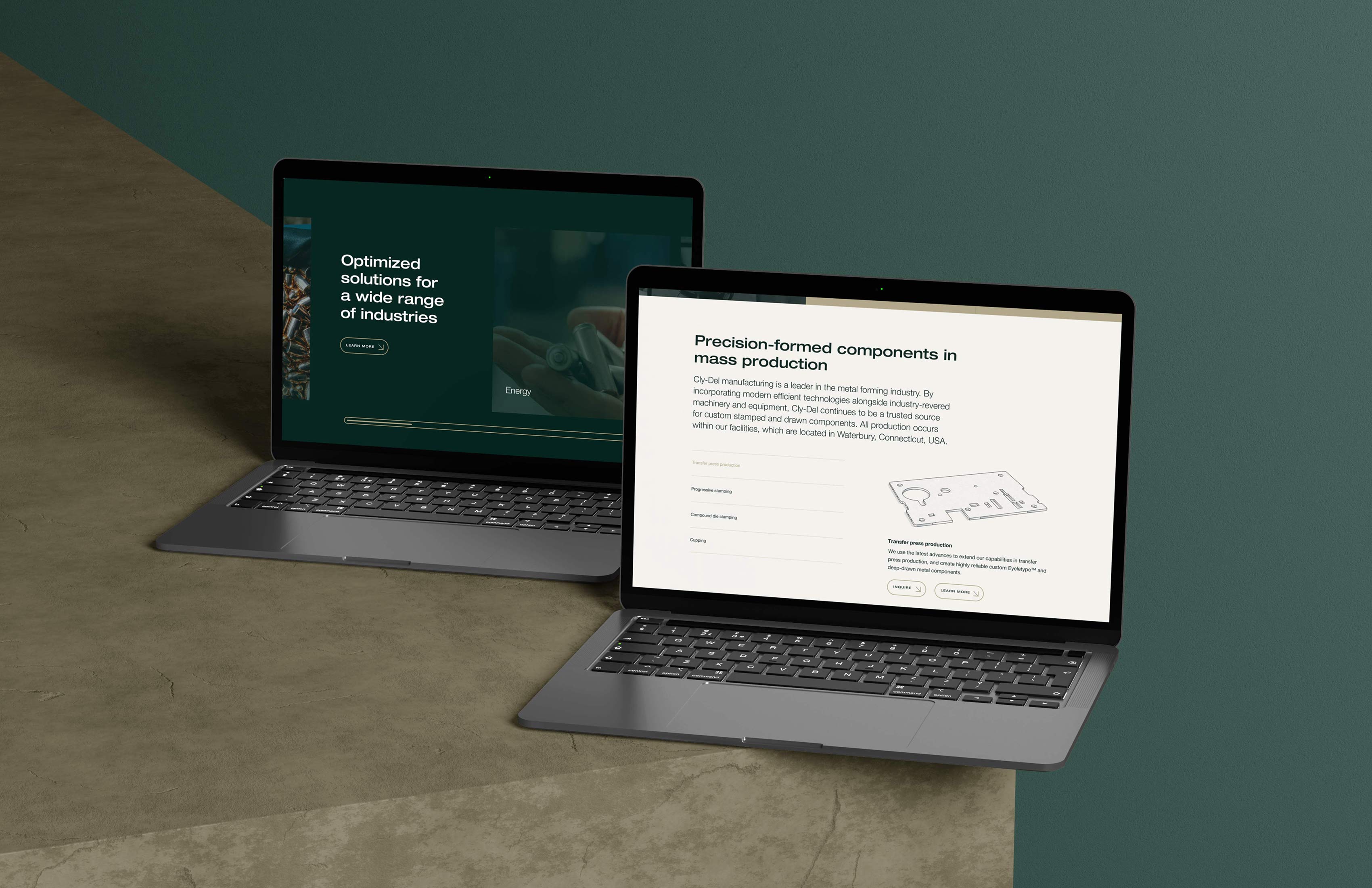 Laptop showing Cly-Del manufacturing website interface.