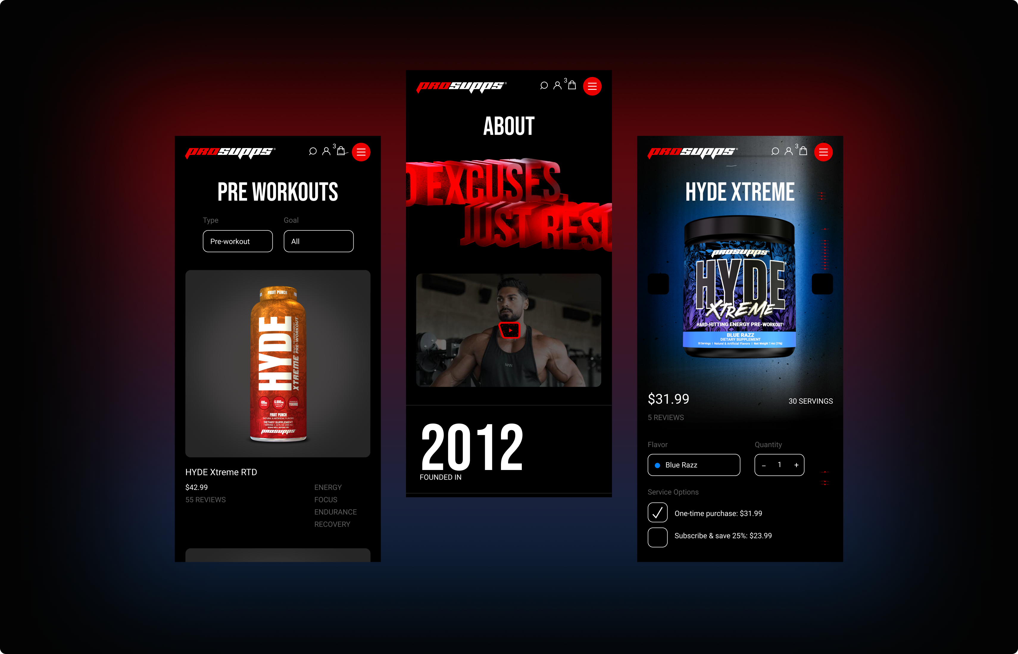 Smartphone screens displaying ProSupps supplement product detail pages.