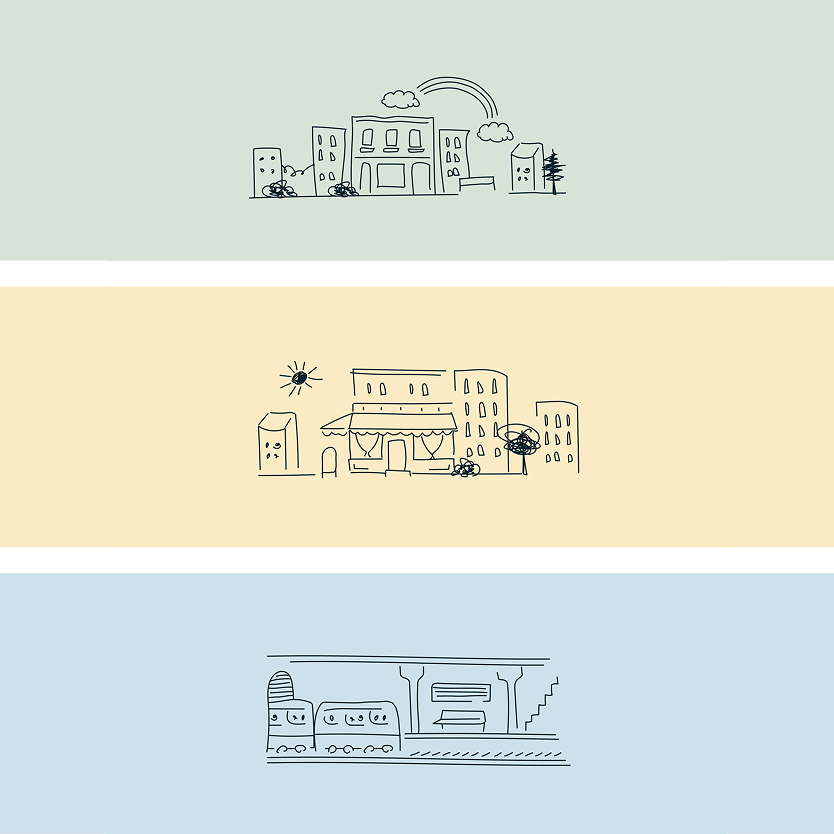 Pastel illustration combining shapes and typography for brand materials.