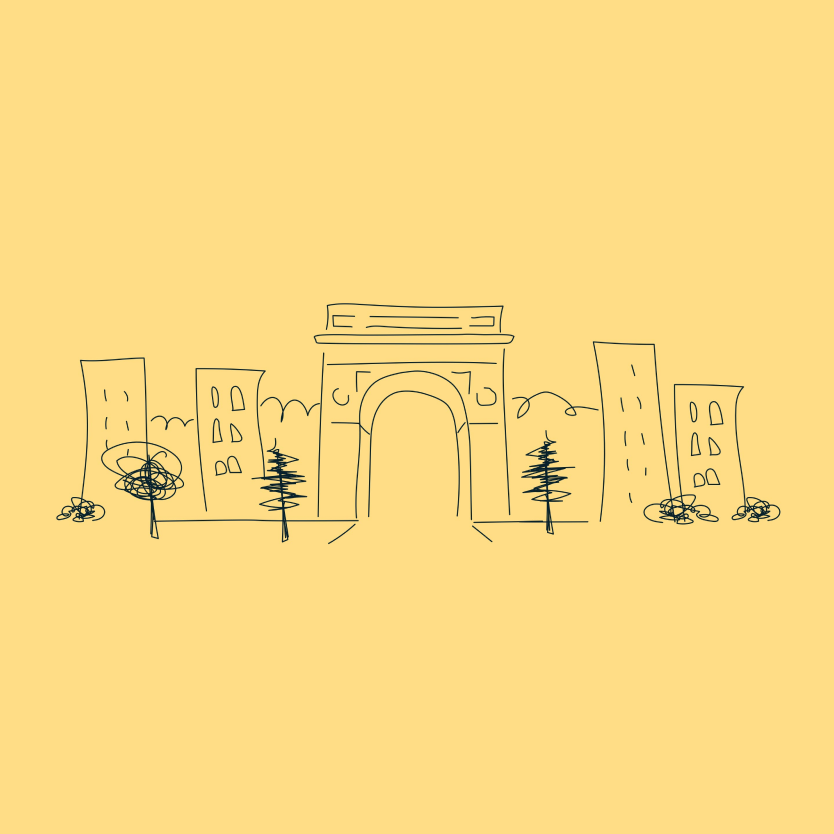 Yellow background featuring architectural and community-themed illustrations.
