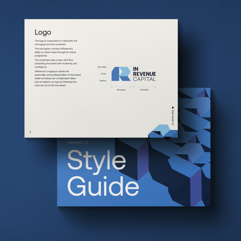Digital brand style guide cover with logo placement and color samples.