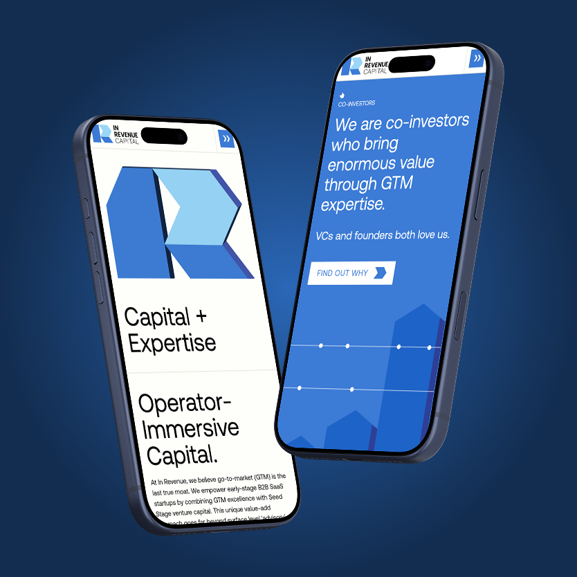 Three smartphones showing blue-and-white mobile UI screens for a digital product.