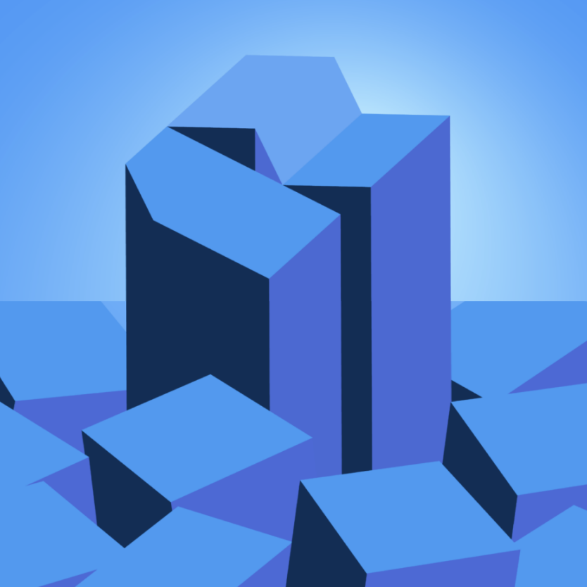 Abstract blue 3D shapes representing growth and innovation in the In Revenue Capital brand identity.