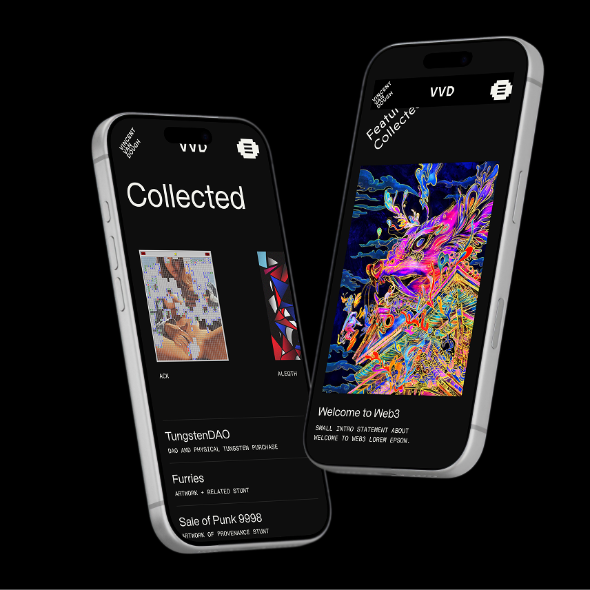 Mobile screens displaying VVD’s minimalist black-and-white app interface.