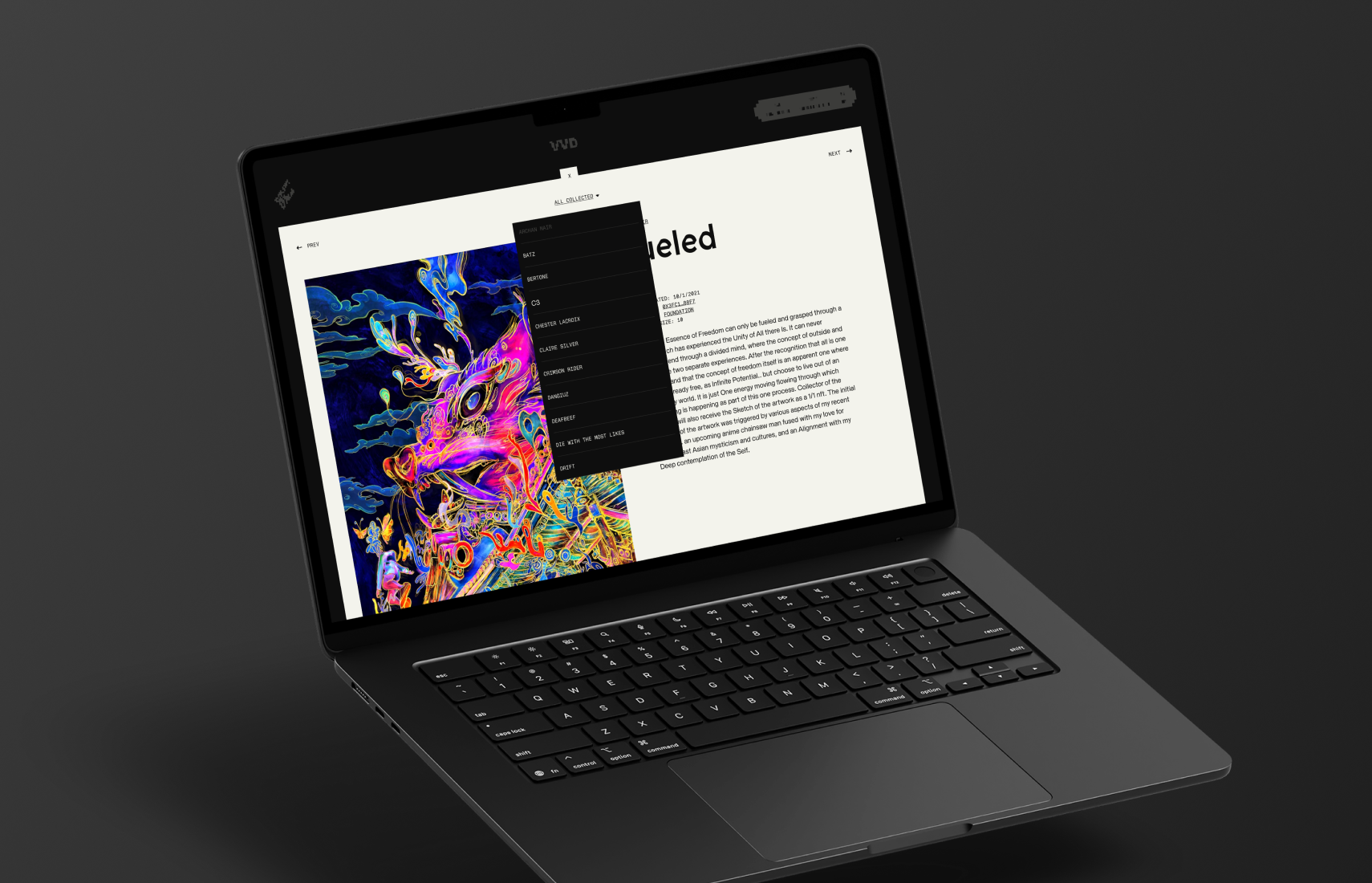 Laptop screen showing VVD’s digital platform and creative agency website interface.