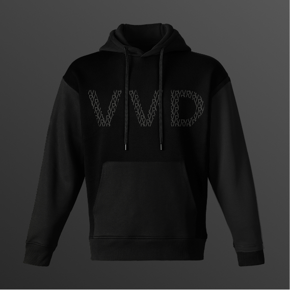 Black hoodie featuring the VVD logo in subtle embossed style, showcasing minimalist apparel branding.