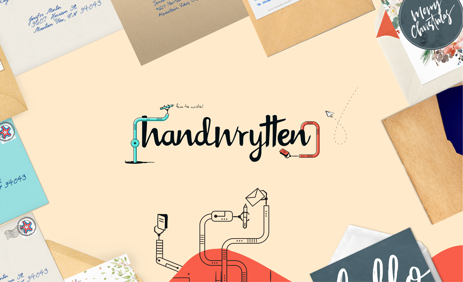 Graphic combining line drawings, textures, and brand color palette.