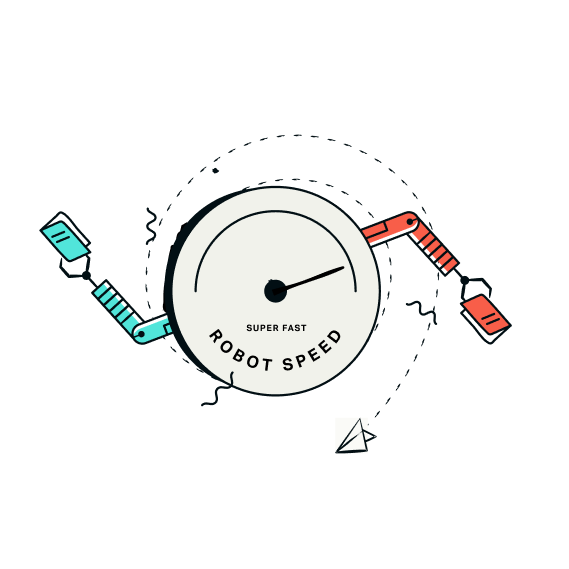 Round illustrated seal featuring arrows and friendly brand iconography.