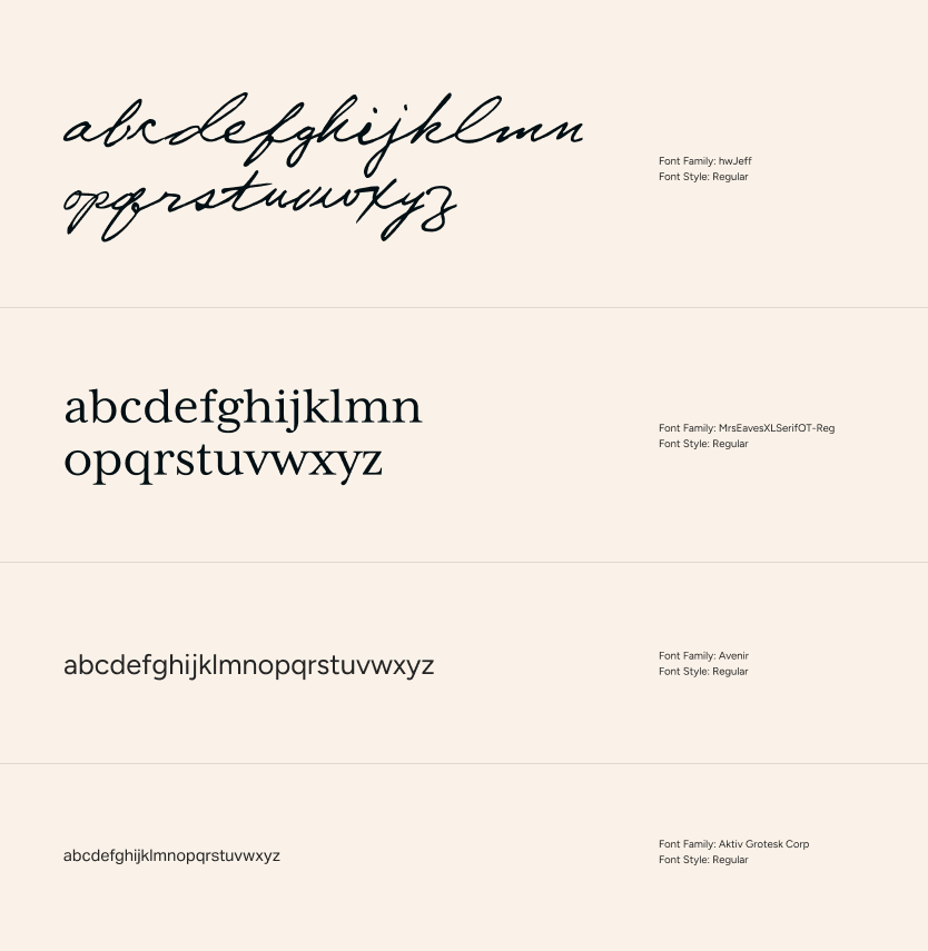 Minimal typographic layout showcasing font styles and written brand guidelines.