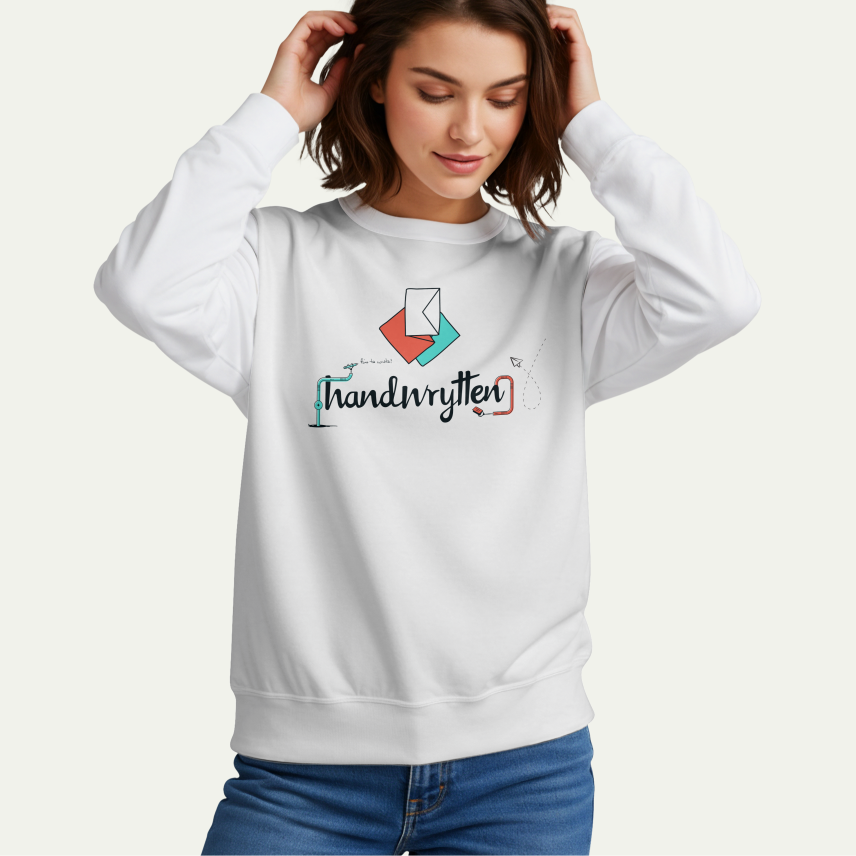 Person wearing a white sweatshirt featuring a small illustrated brand graphic.