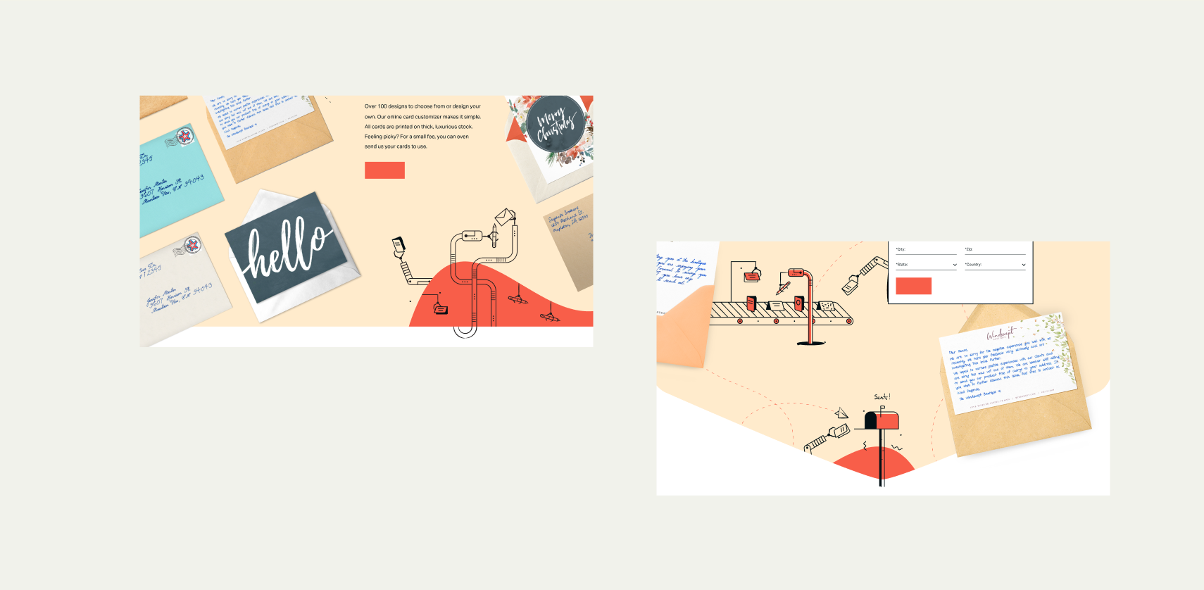 Collection of illustrated postcards and UI cards arranged on a neutral background.