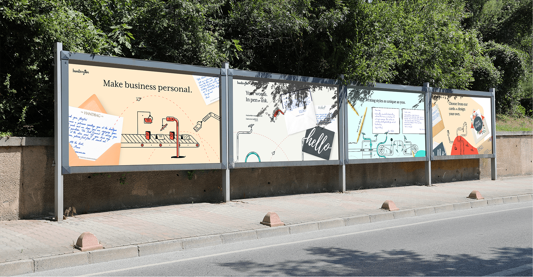 Street billboard featuring illustrated advertising panels for a friendly consumer brand.