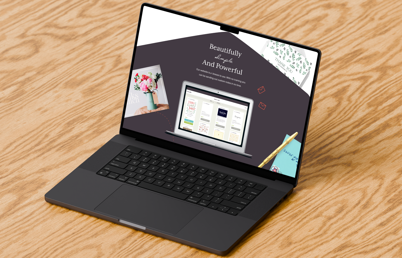 Laptop displaying a clean marketing website layout with illustrations and soft brand colors.