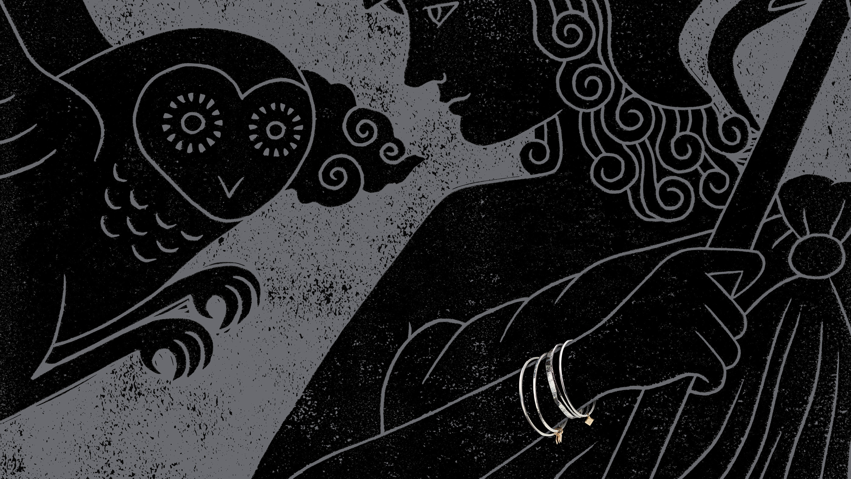 Black and dark grey textured illustration of Greek goddess wearing silver bangles and smiling towards owl flying towards her
