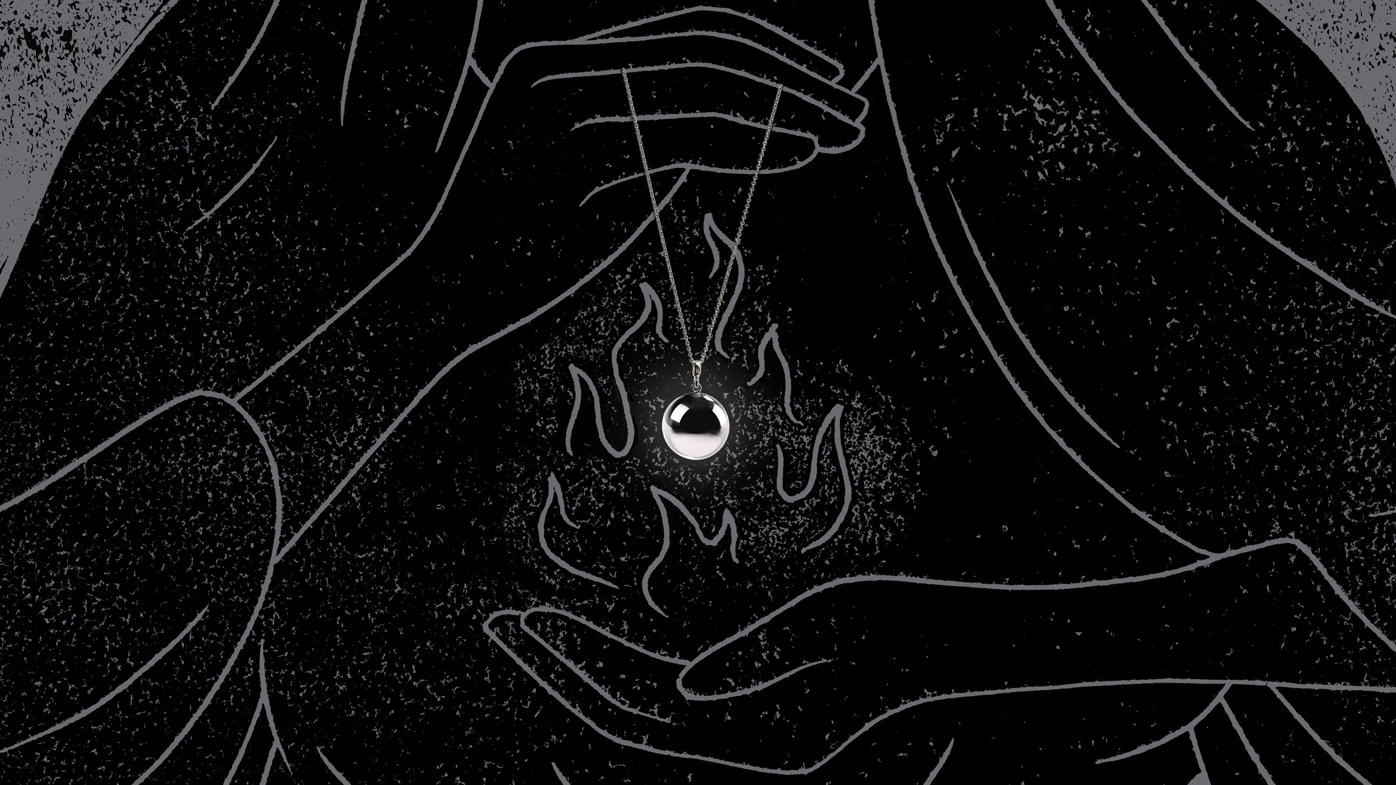 Grey and black illustration of Greek goddess cupping flame in one hand and photo of silver necklace hanging from the other hand above the flame