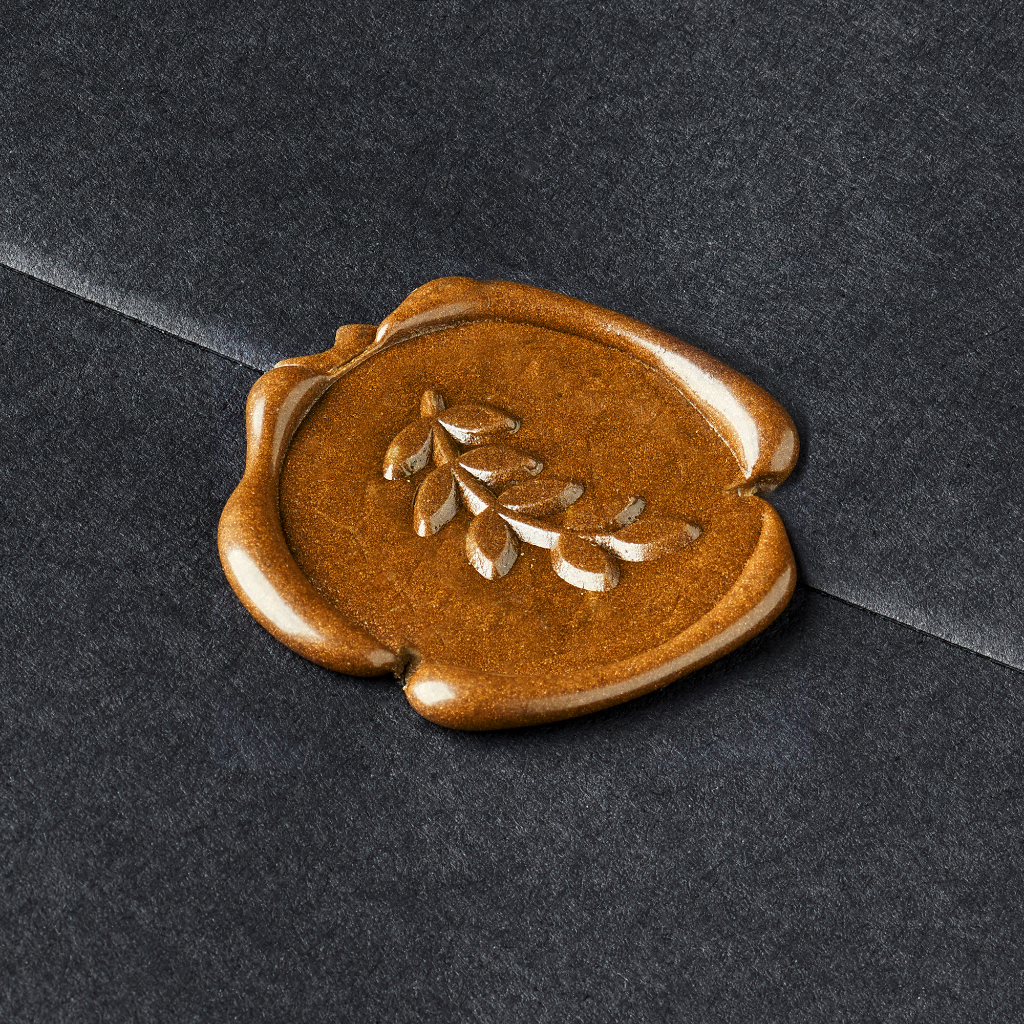 Close-up of bronze wax seal with olive branch symbol on dark grey envelope