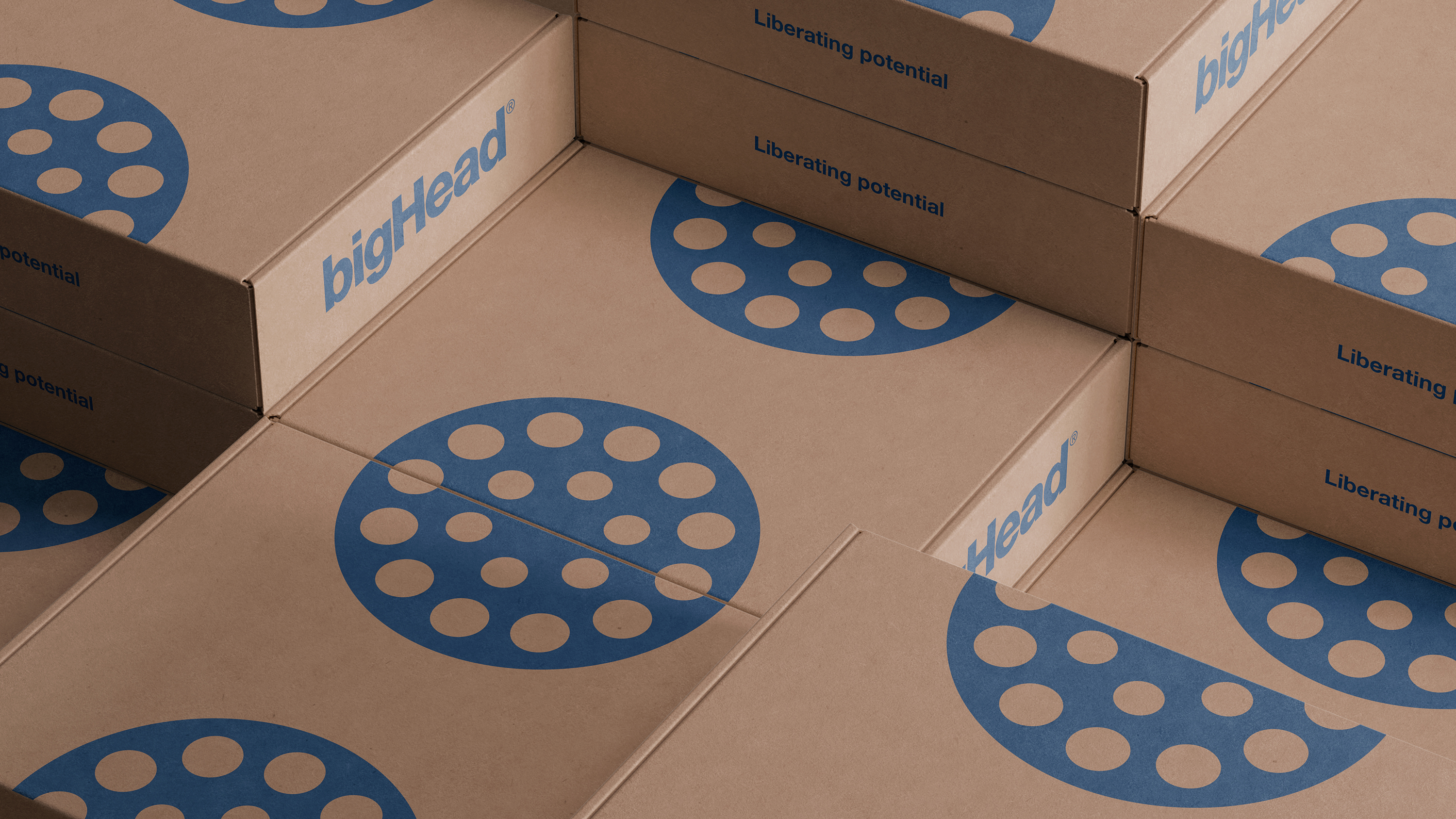 Stacks of cardboard boxes printed with bigHead logo and strapline on the sides, and large flat graphics of bigHead fasteners on top