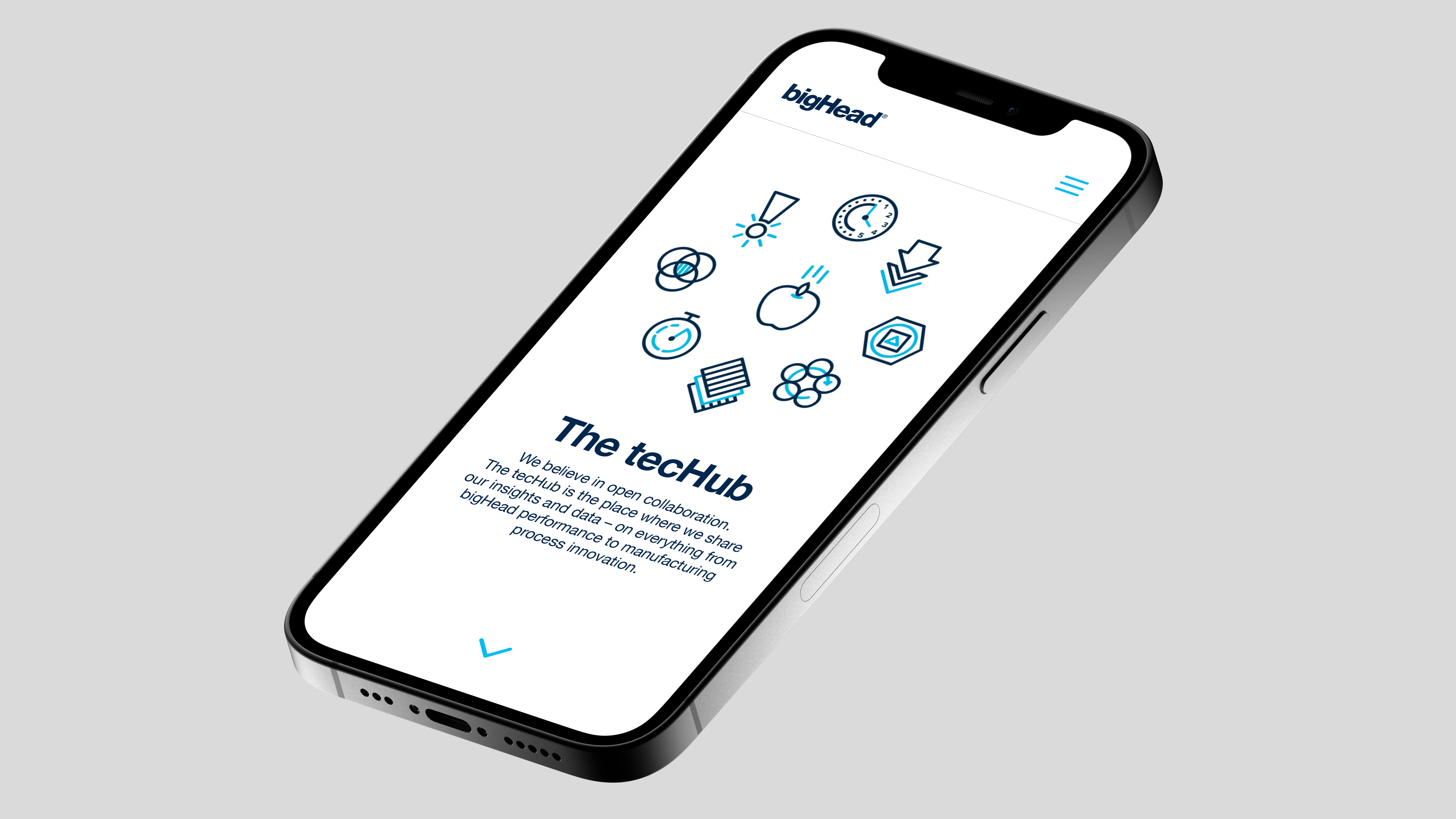 Phone floating on grey background displaying bigHead tecHub webpage with blue and cyan icons, text, and clean layout
