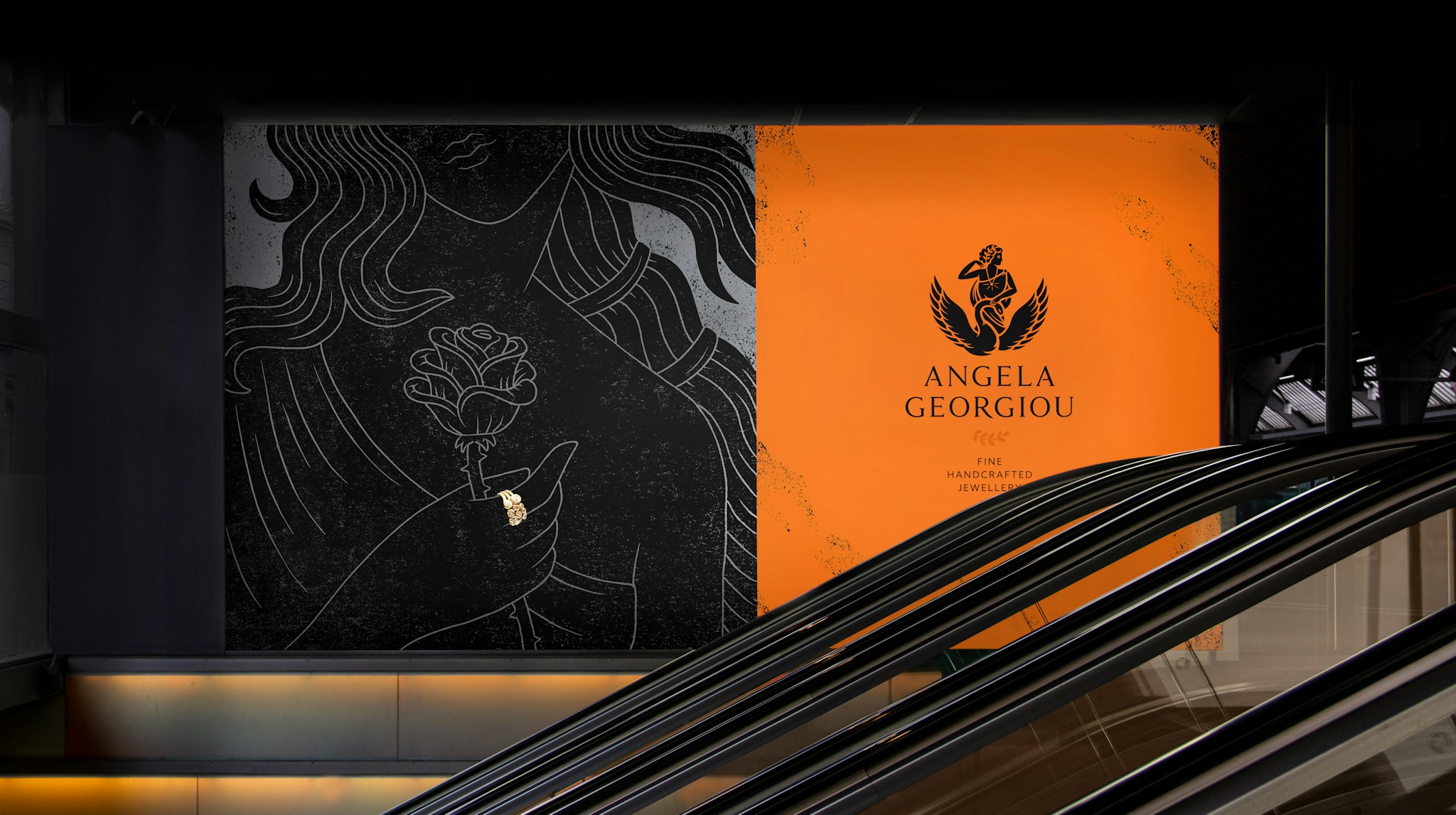 Luxury billboard advertisement for Angela Georgiou featuring elegant design of illustrated woman holding a rose and gold ring.