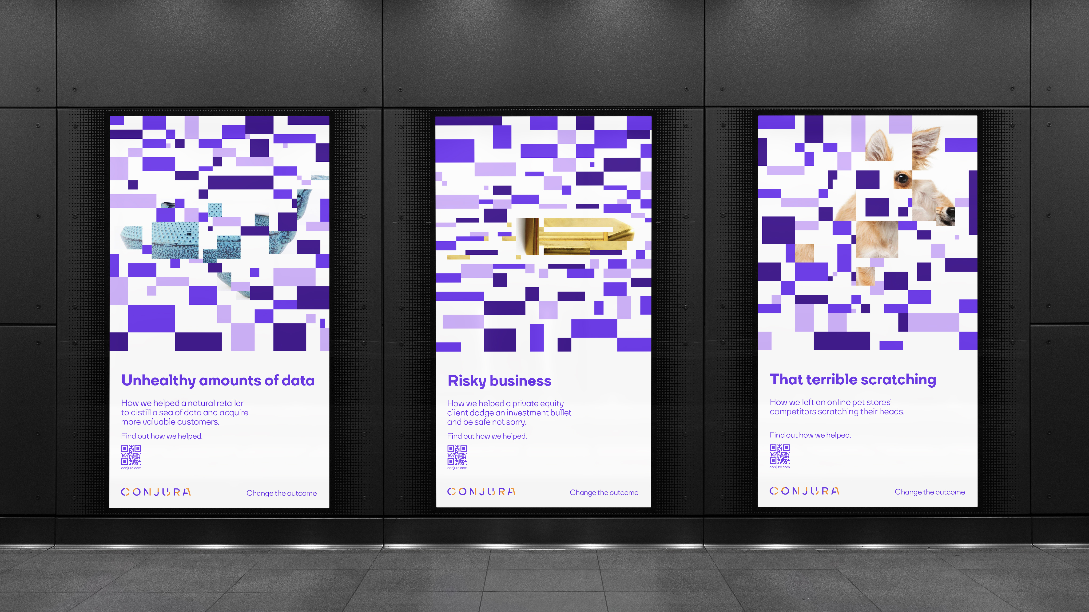 Conjura digital advertising posters in a train station featuring bold pixel designs and campaign messages.