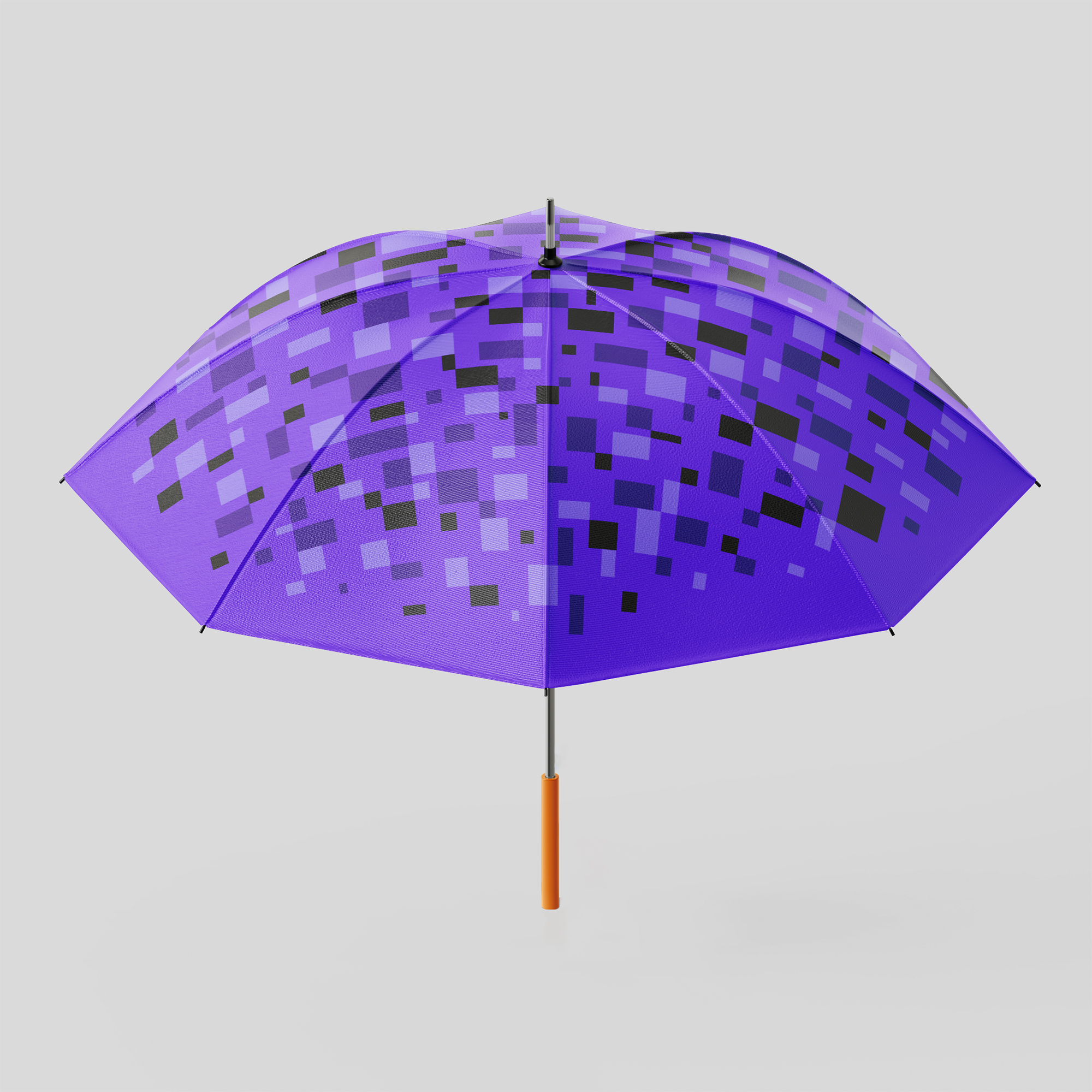 Purple umbrella with yellow handle featuring raindrop-style pixel design on light grey background