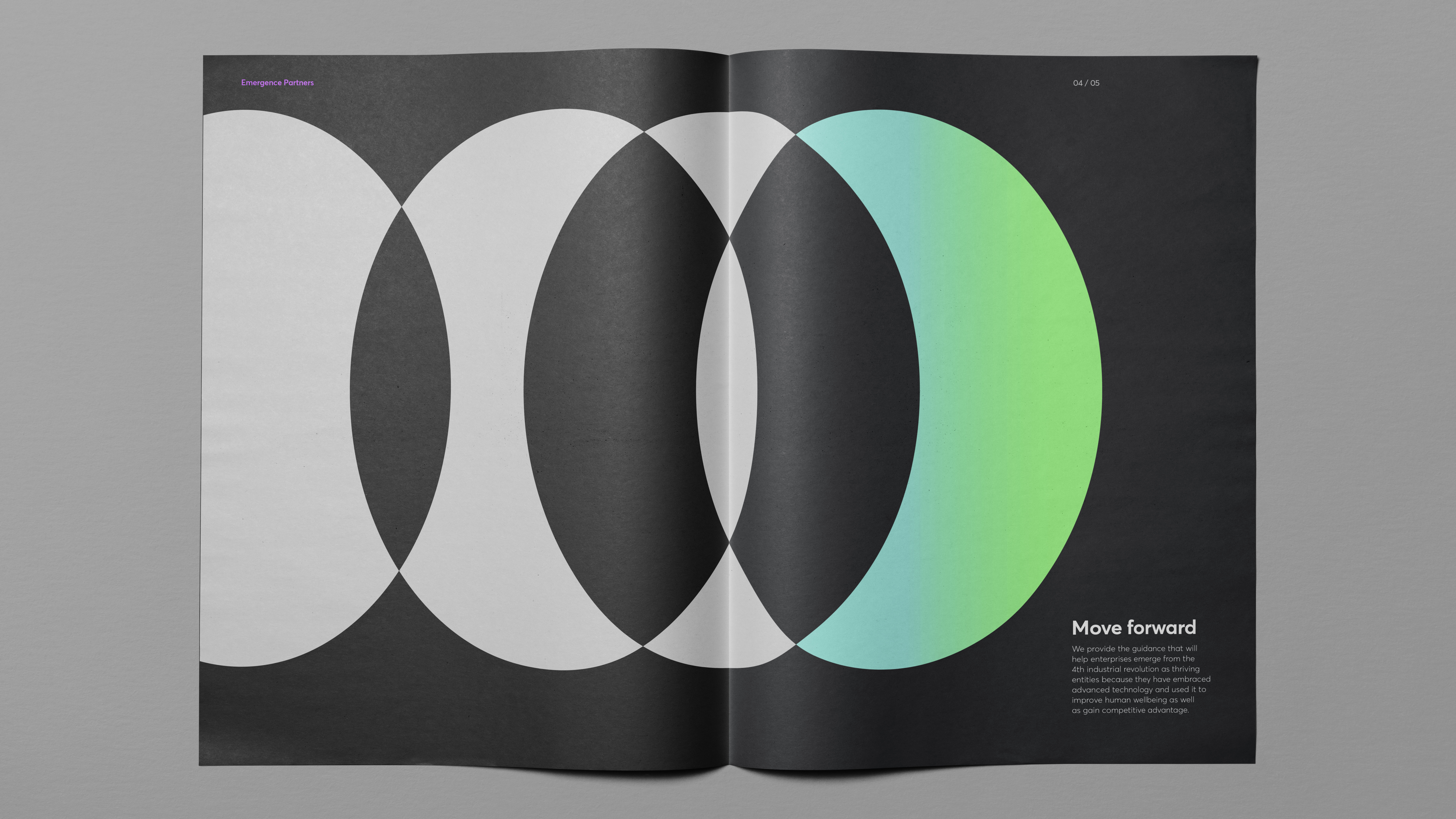 Dark grey Emergence brochure spread featuring overlapping grey and green-blue ovals with message about moving forward
