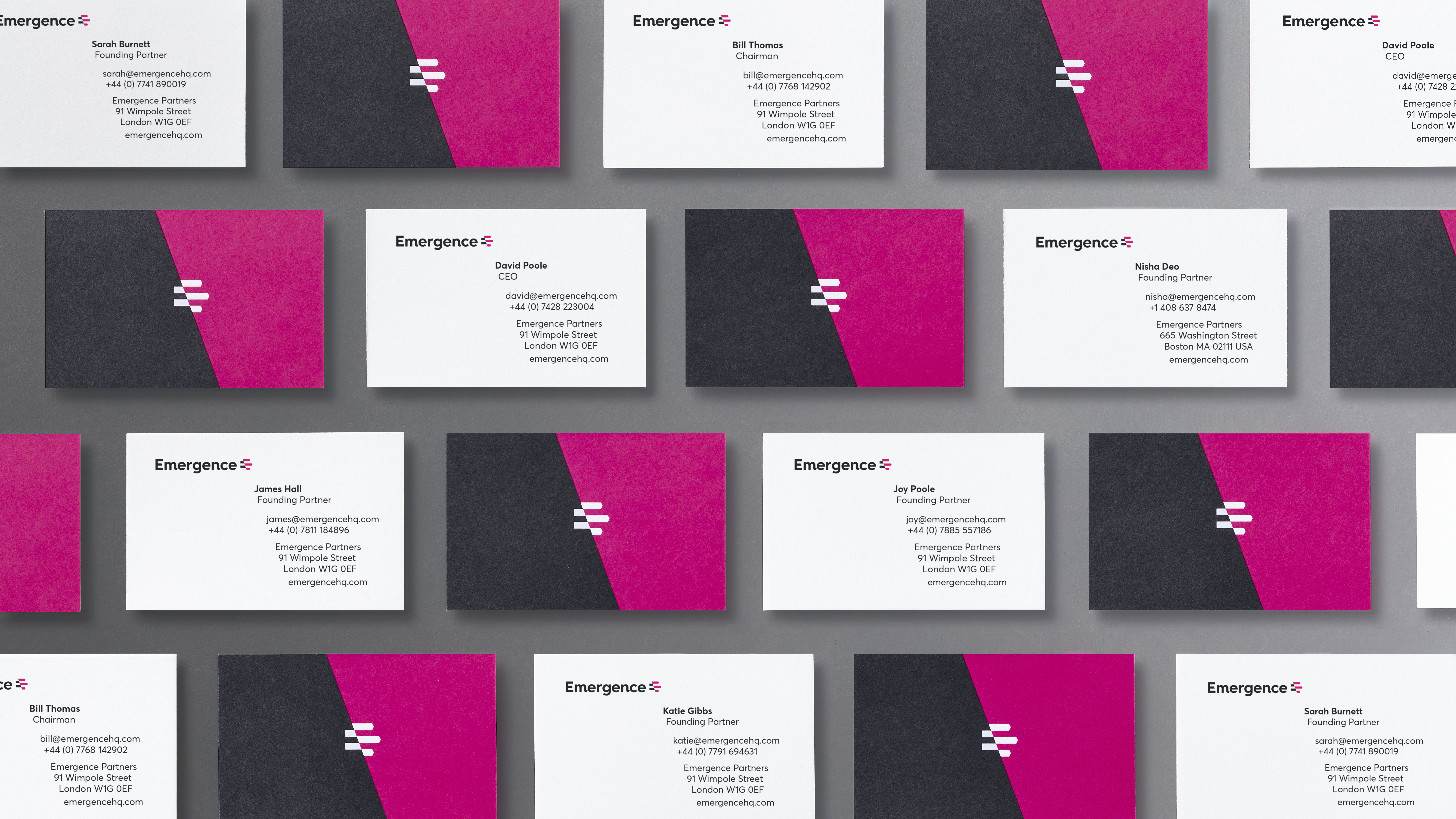 Grid of Emergence business cards showing front and back with diagonal color and typographic alignment