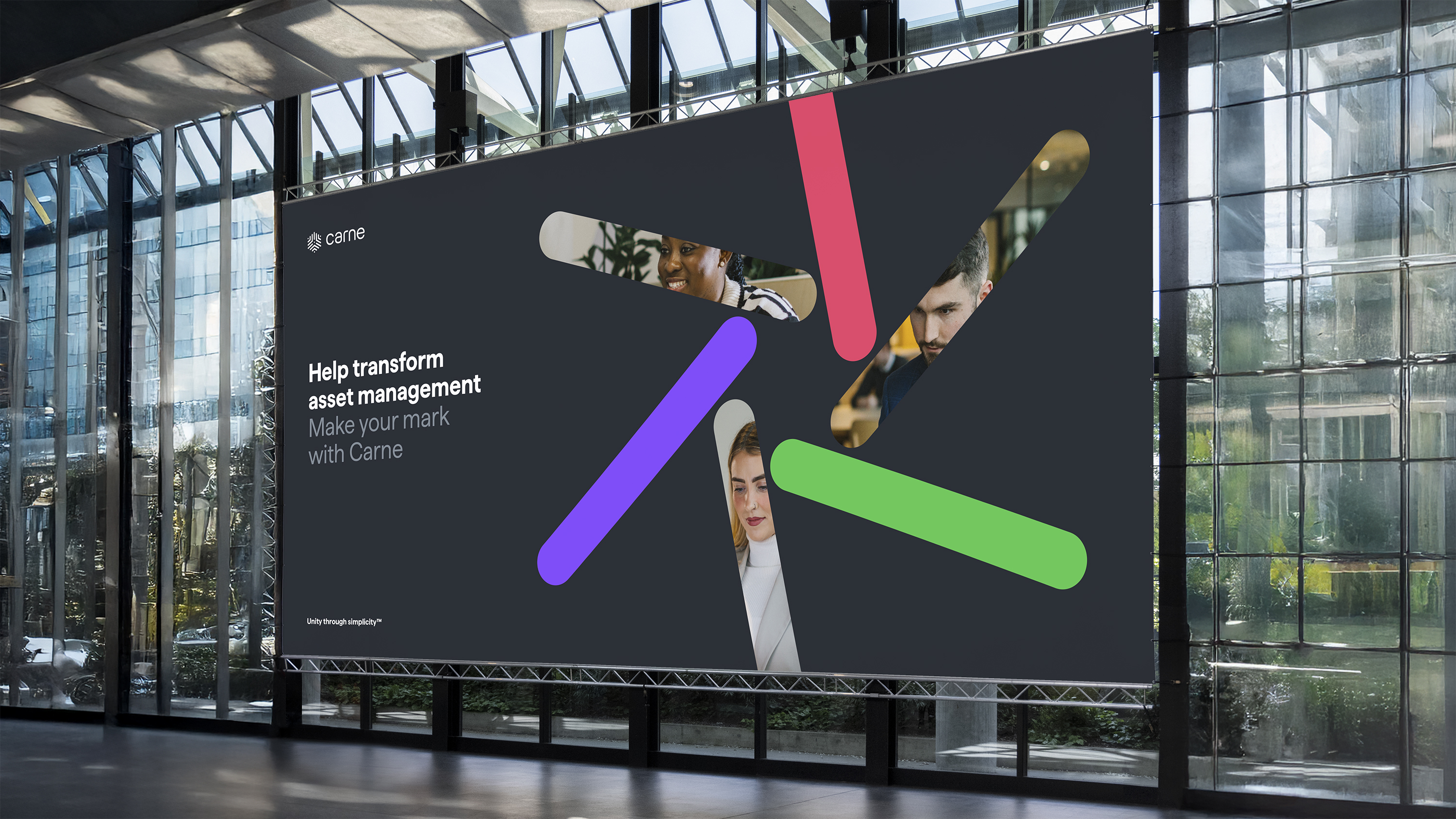 Carne Group event banner with the message ‘Help transform asset management – Make your mark with Carne’ in a modern event space.
