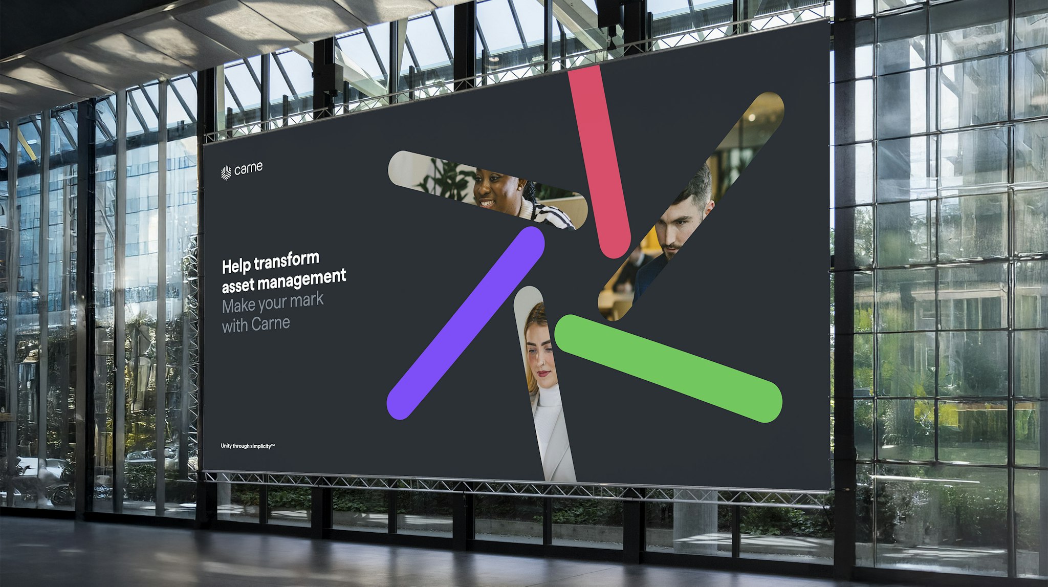 Carne Group event banner with the message ‘Help transform asset management – Make your mark with Carne’ in a modern event space.