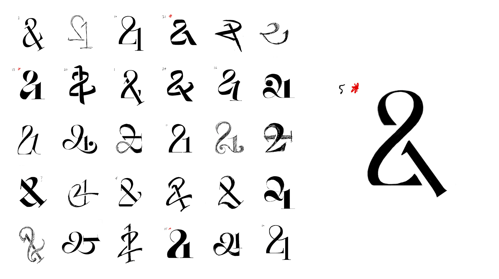 Range of logo sketches for Carne Group 21st anniversary, with larger sketch on right showing final chosen concept