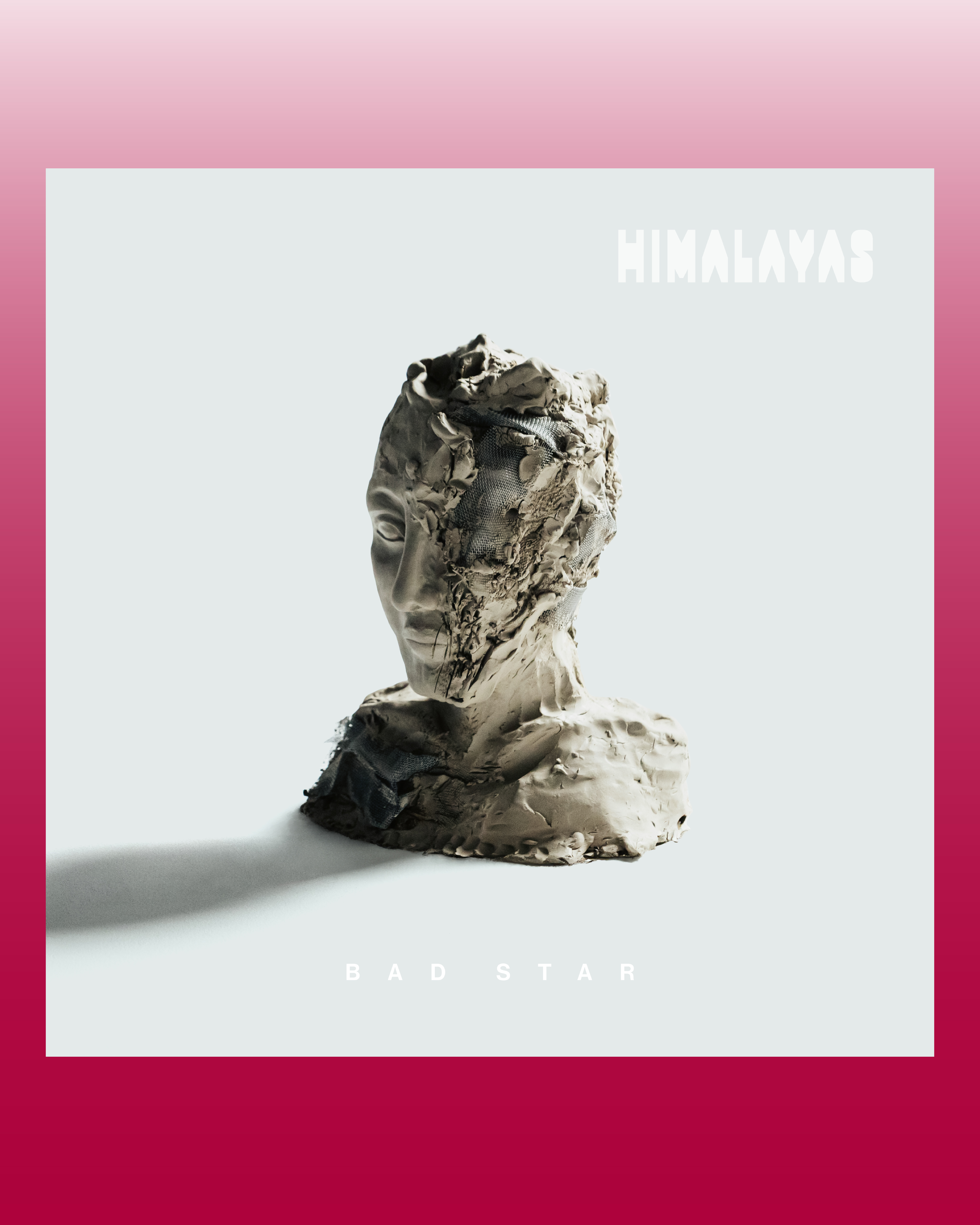 Vinyl sleeve for Himalayas album Bad Star featuring studio shot of rough clay distressed head sculpture in clean light grey background