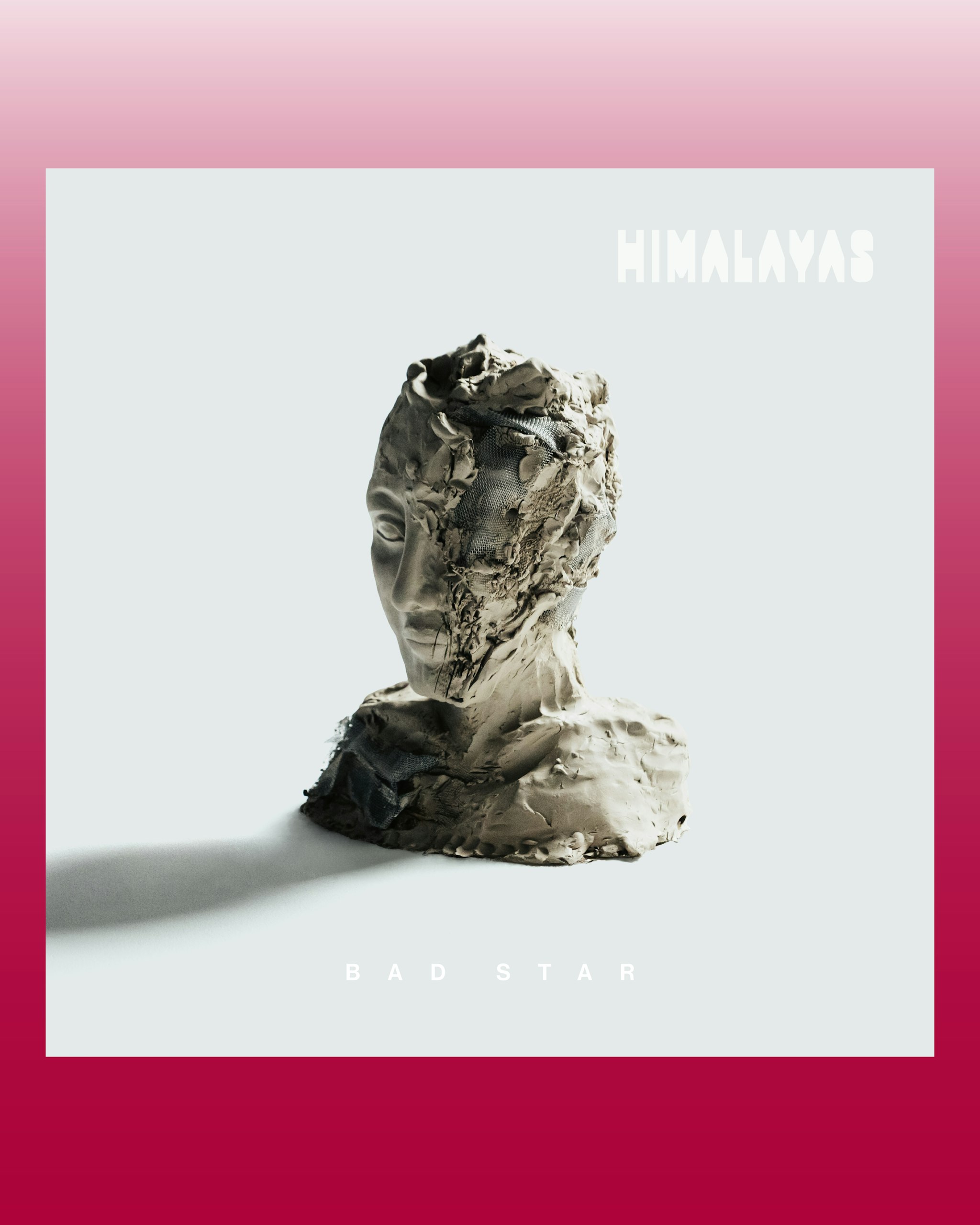 Vinyl sleeve for Himalayas album Bad Star featuring studio shot of rough clay distressed head sculpture in clean light grey background
