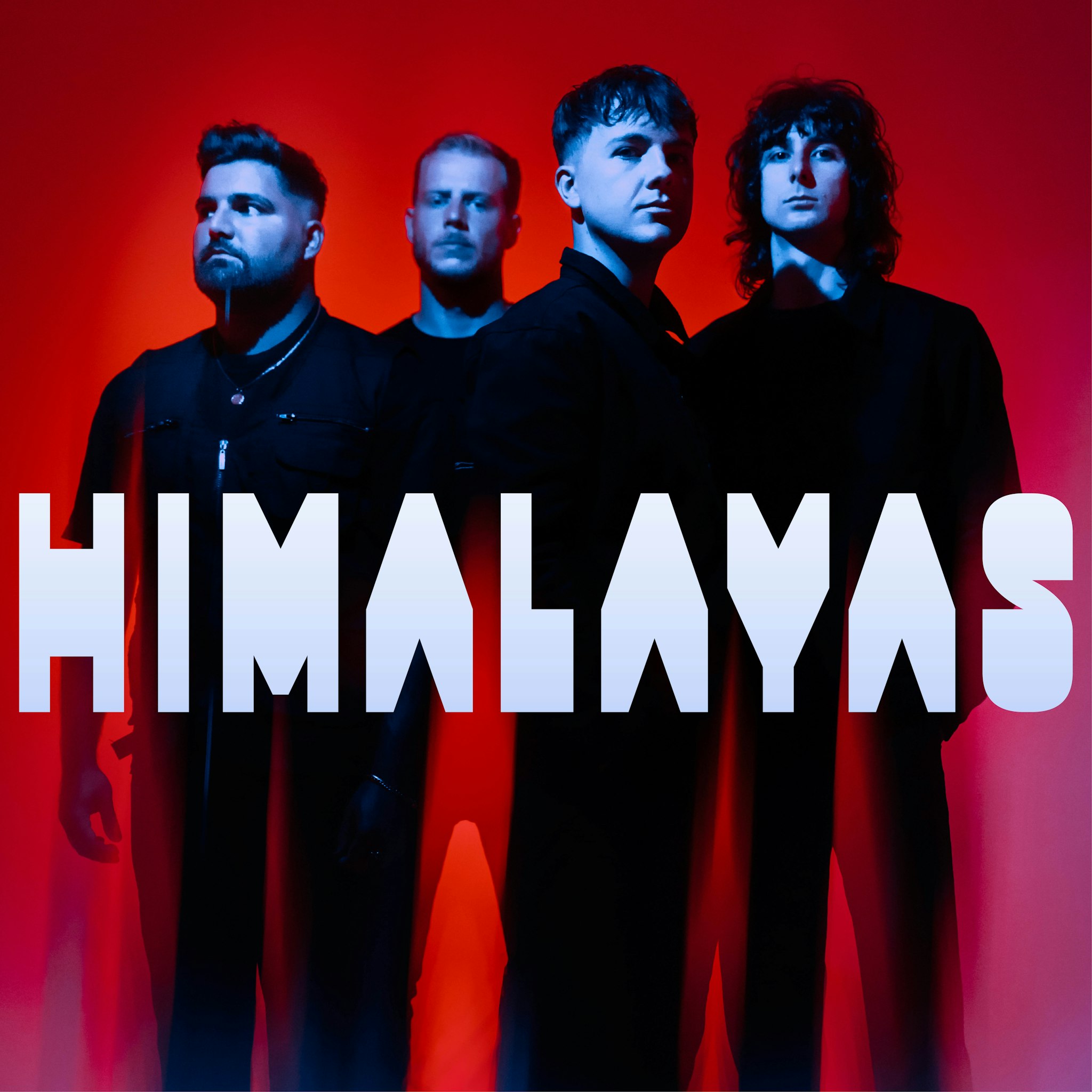 Himalayas alternative rock band standing against fiery red background with blue lighting and light blue graphic logo overlay