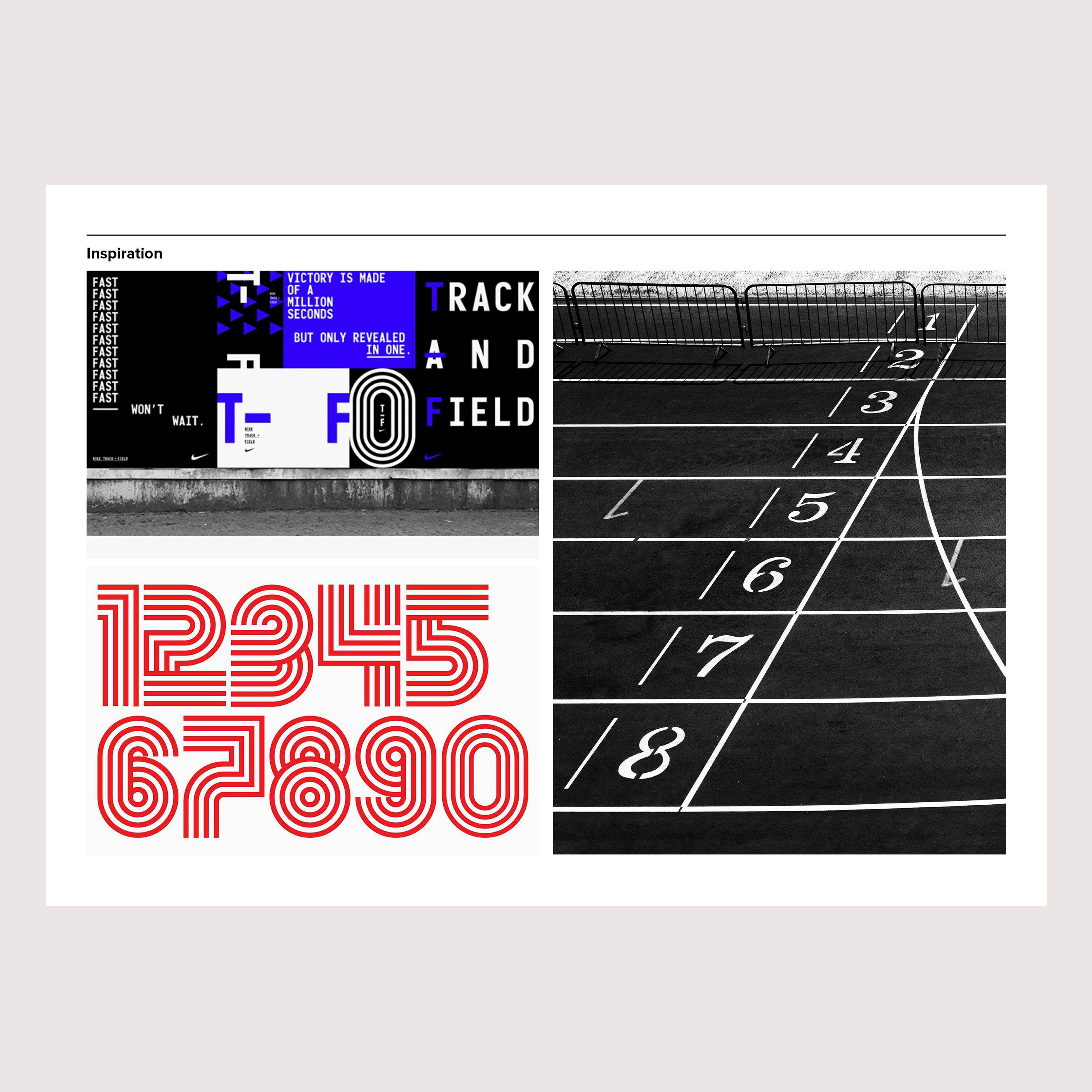 Presentation page for Bridgend Athletics rebrand showing visual inspiration including running track lines and typography