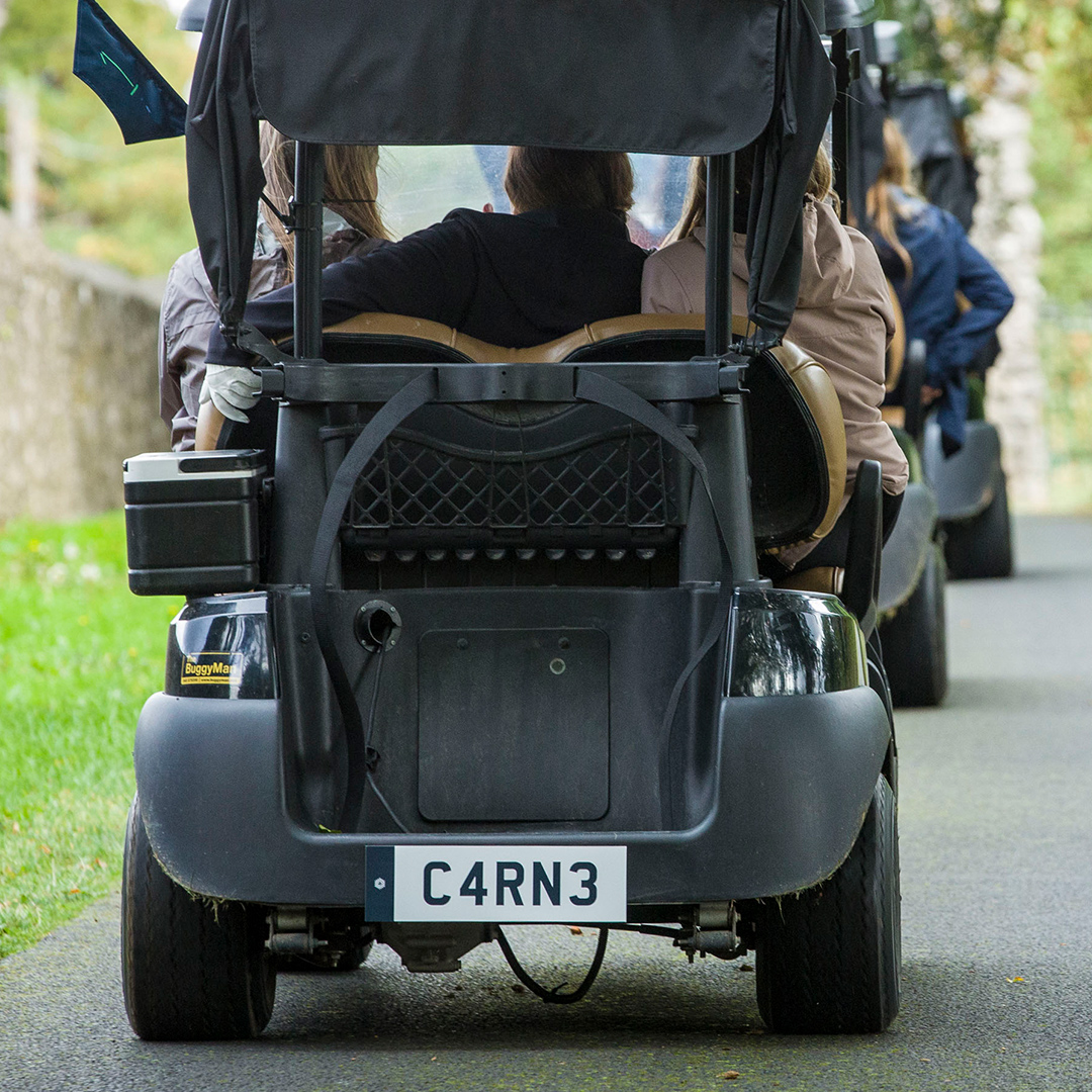 Back view of people in golf carts with custom Carne Group number plate in green landscape on sunny day