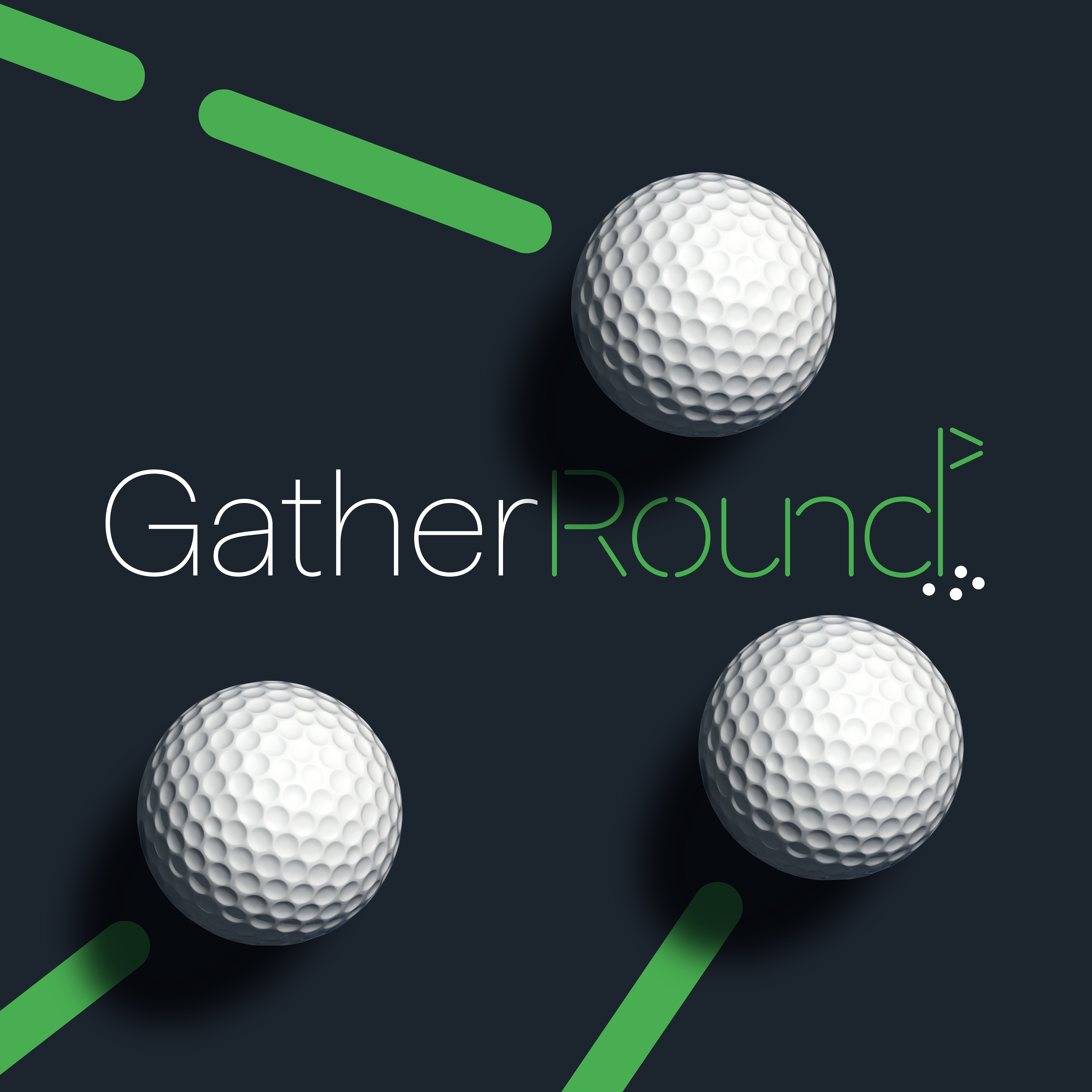 White and green logo for Carne Group's GatherRound golf event on dark grey background with three golf balls rolling inwards leaving trail of green lines