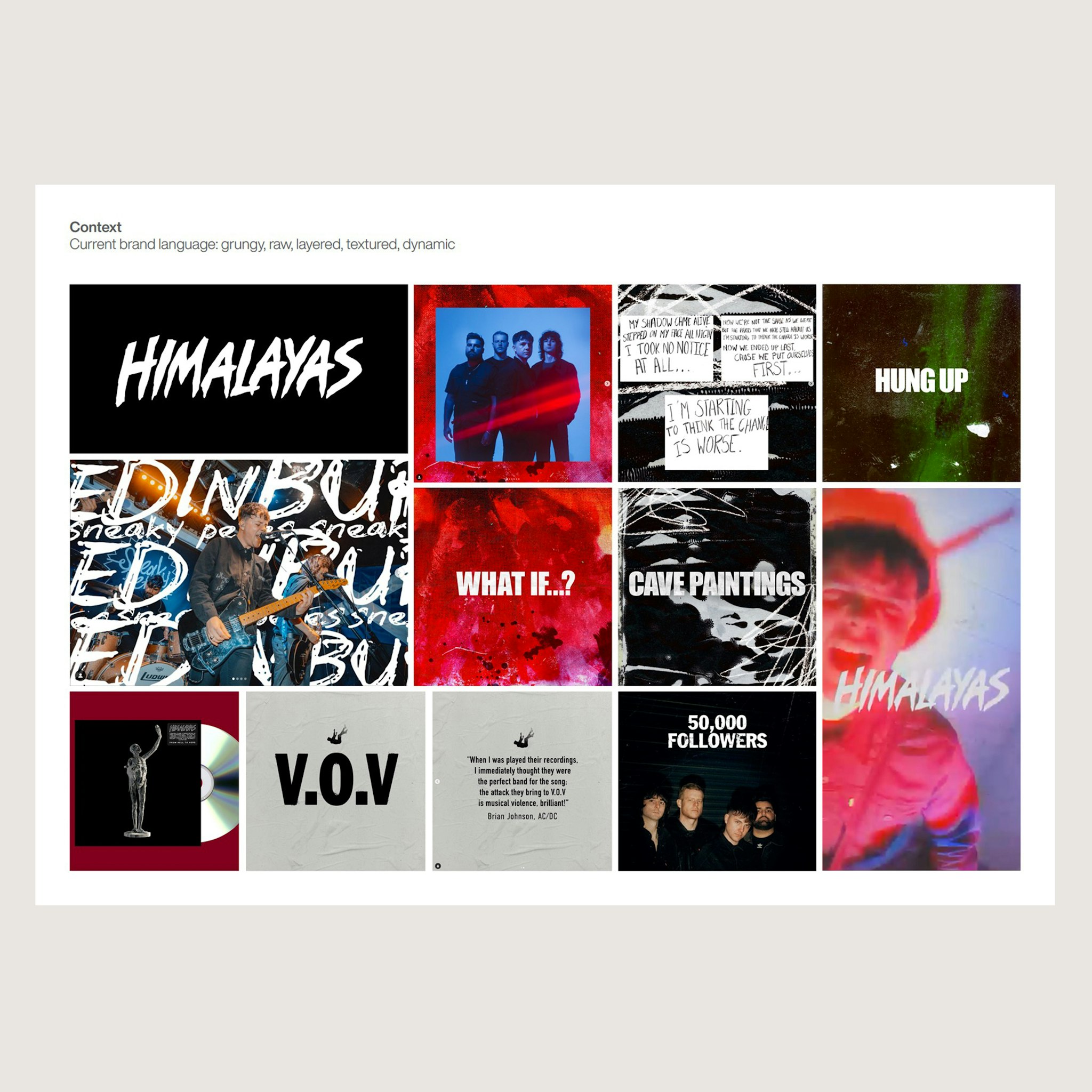 Research document page showing images summarising Himalayas’ previous grungy brand identity