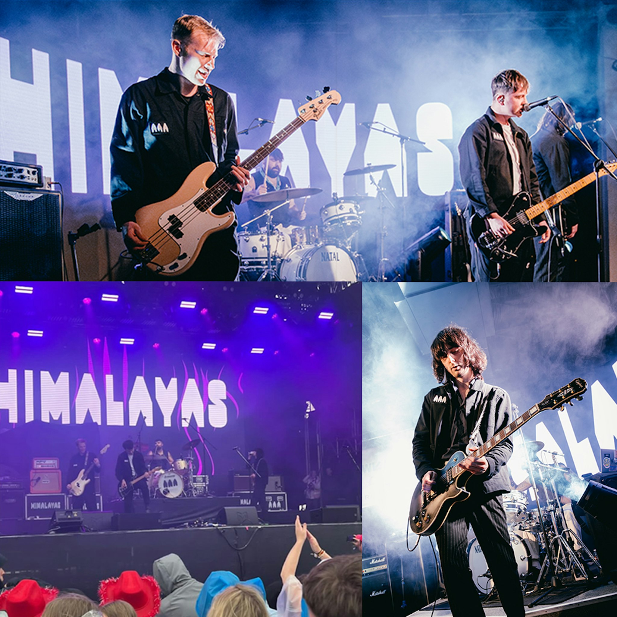 Montage of Himalayas’ gigs showing stage branding, band members, and live performance atmosphere