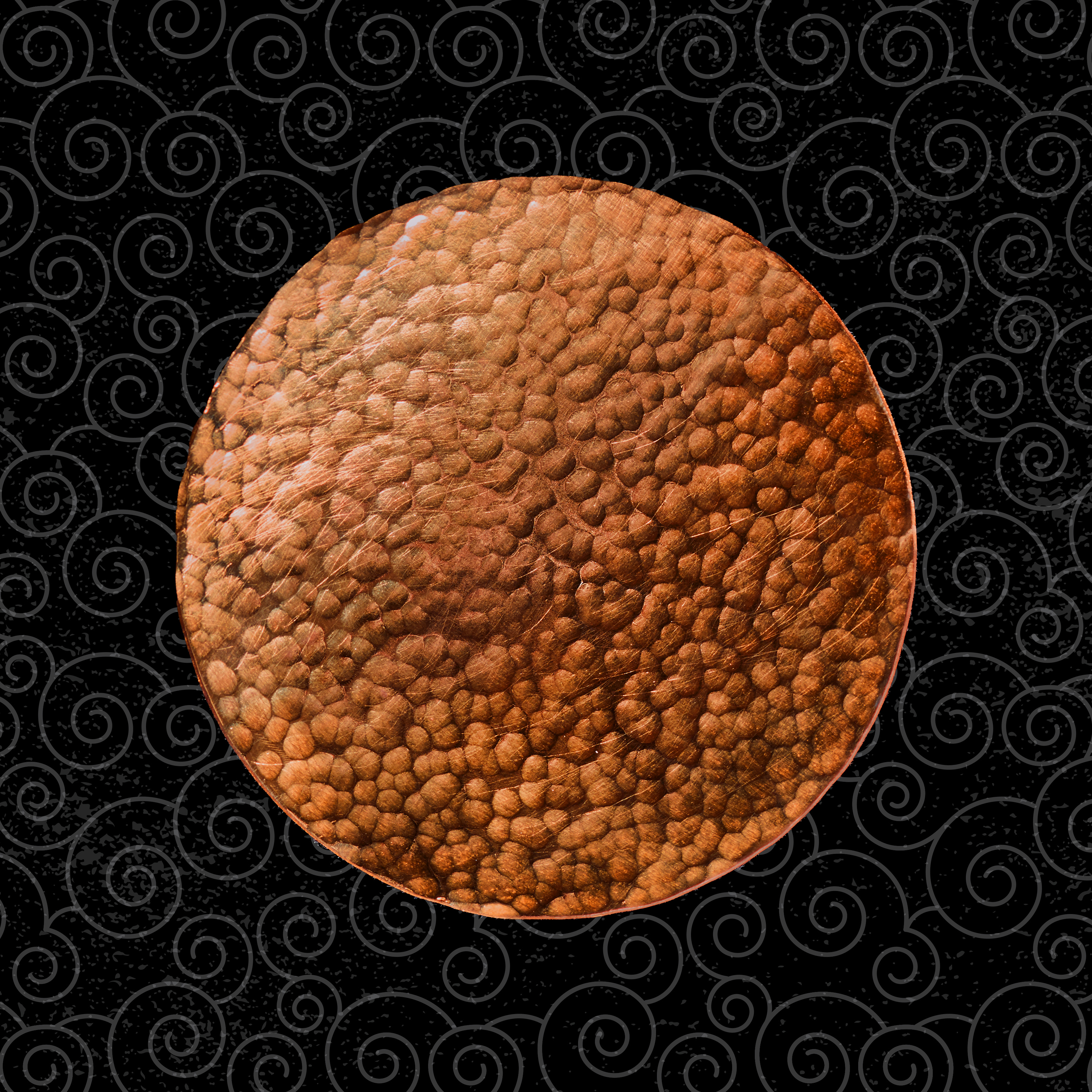 Bronze handcrafted pendant with hammered texture against black and grey Greek-inspired cloud pattern with subtle texture