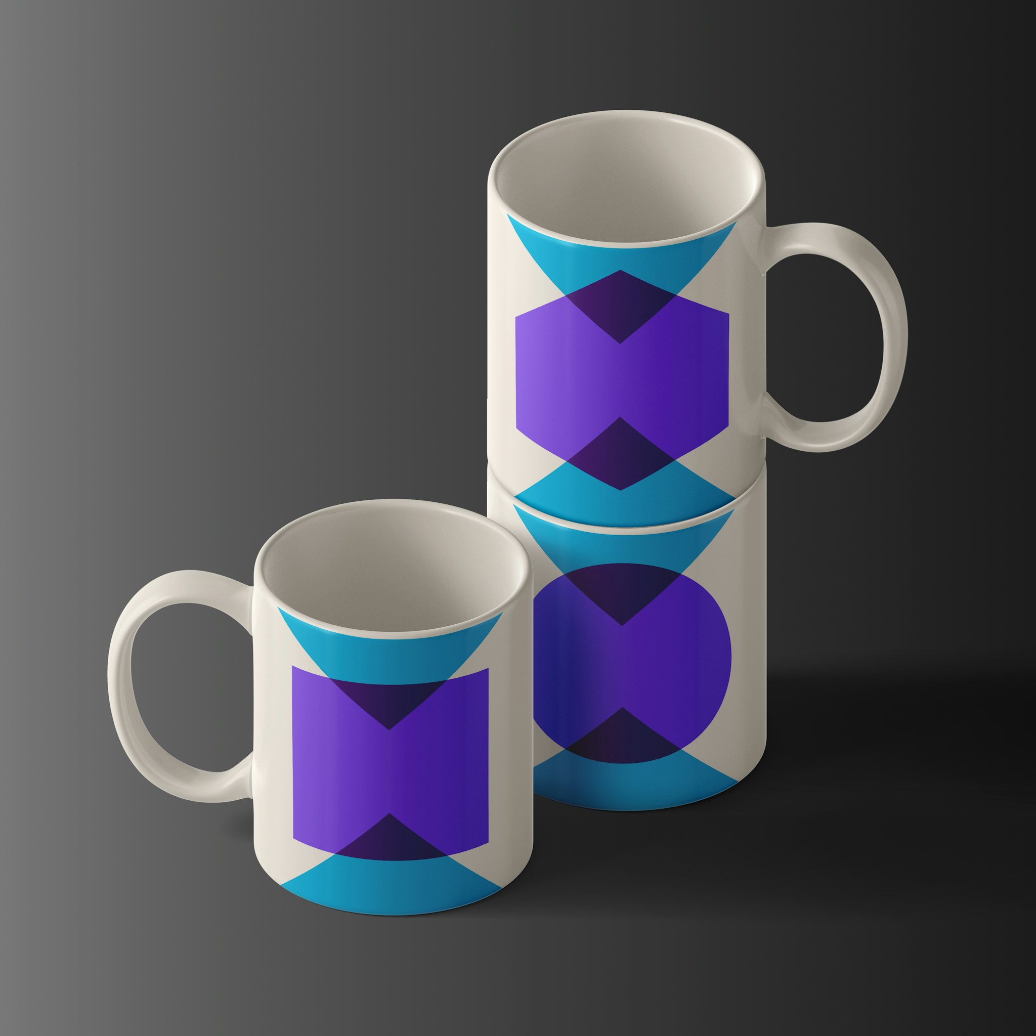 Three stacked cream mugs with abstract purple and blue graphics against a dark grey gradient background
