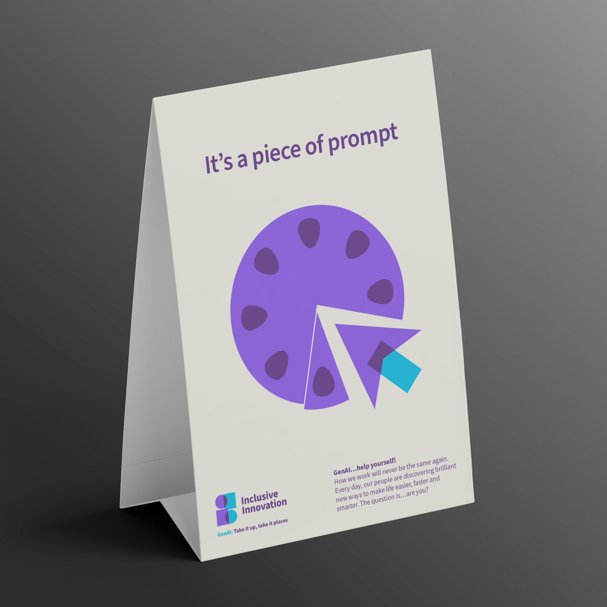 Cream tent card with abstract purple and blue graphic of cake and cake slice, dark purple campaign text, and IAG logo on dark grey gradient background