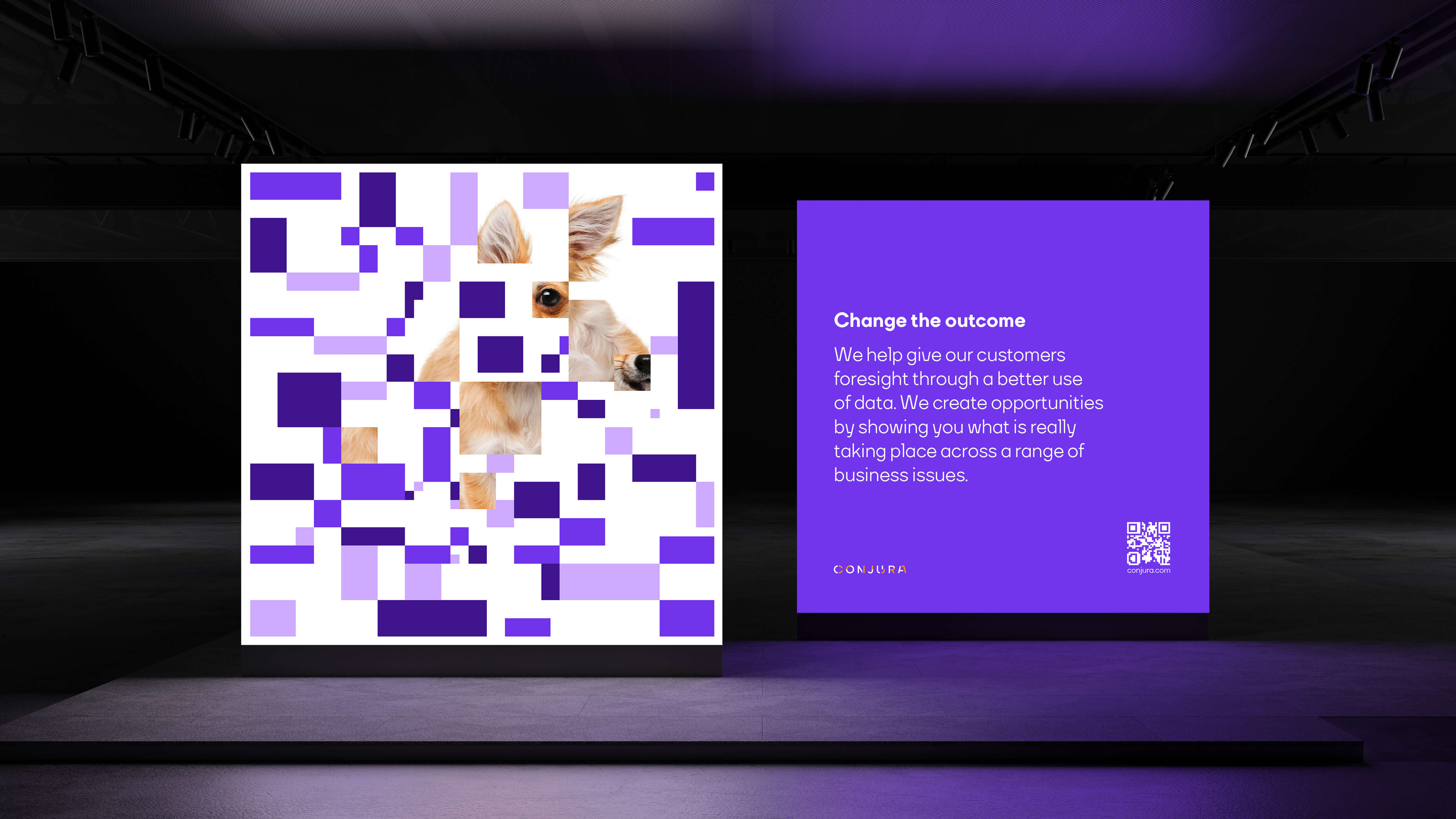 Digital display with abstract purple pixels revealing a dog’s face, alongside Conjura brand message about changing the outcome.