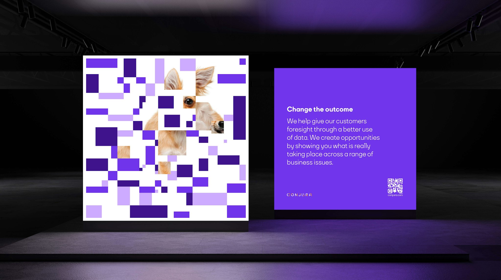Digital display with abstract purple pixels revealing a dog’s face, alongside Conjura brand message about changing the outcome.