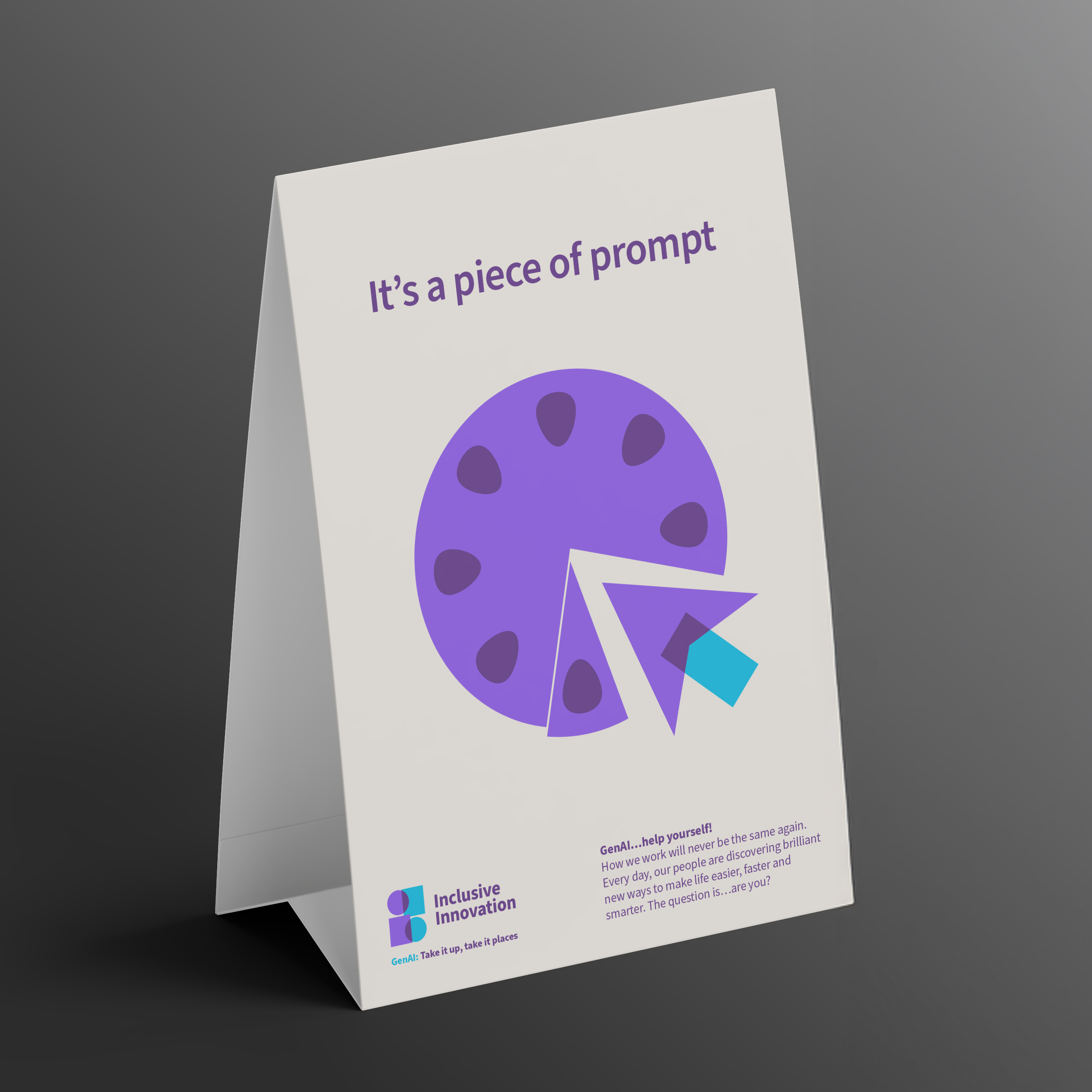 Cream tent card with purple abstract cake-slice graphic, copy details on dark grey background