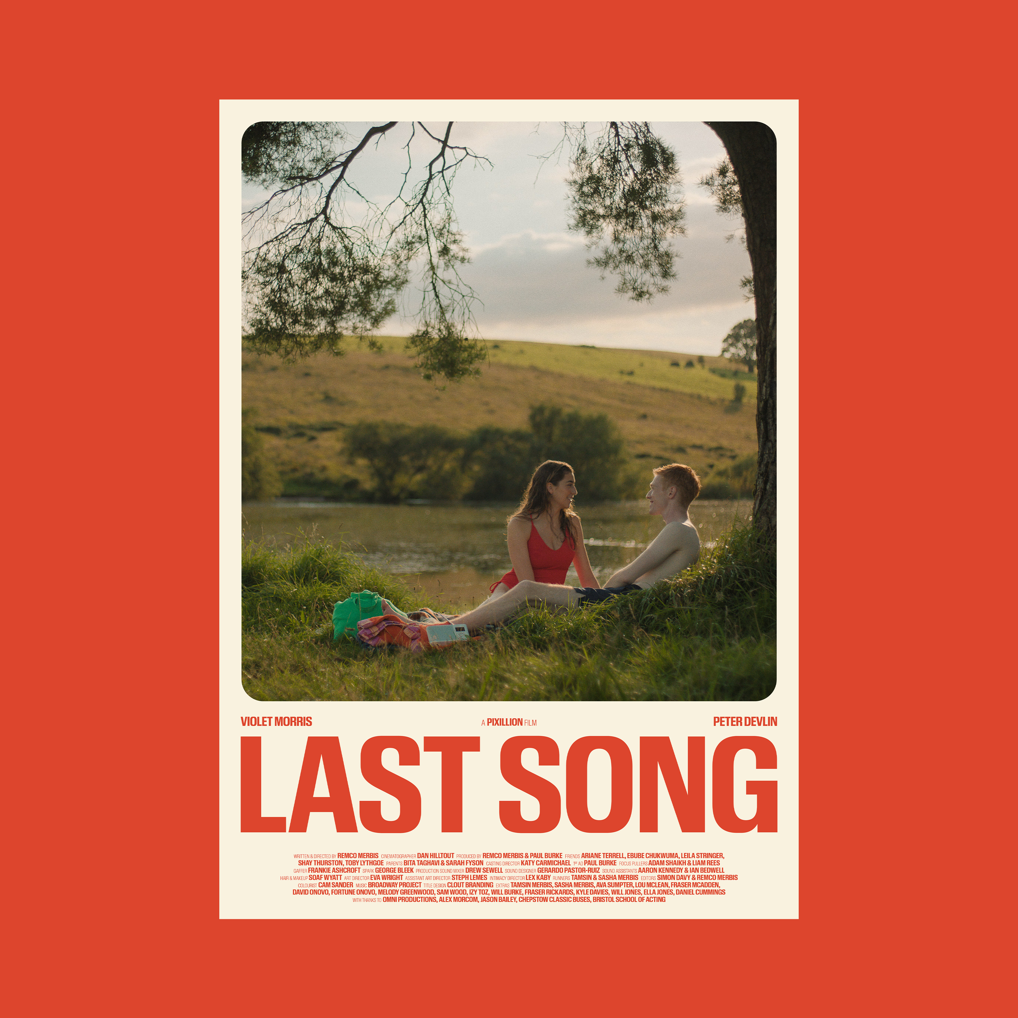 Poster for short film “Last Song” with film scene and retro red typography on cream background