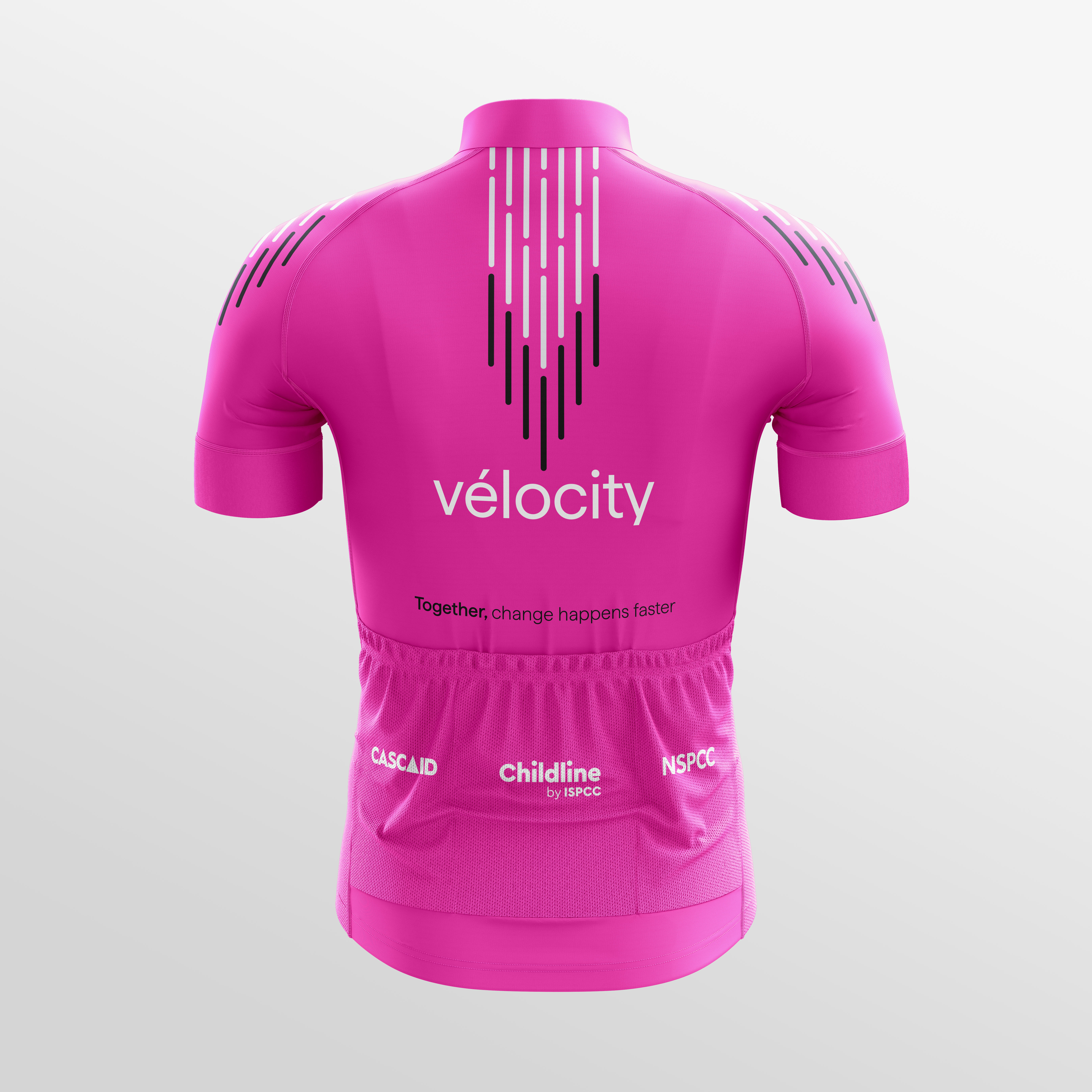 Back of pink cycling jersey for Carne's Velocity event featuring brand graphics and sponsor logos